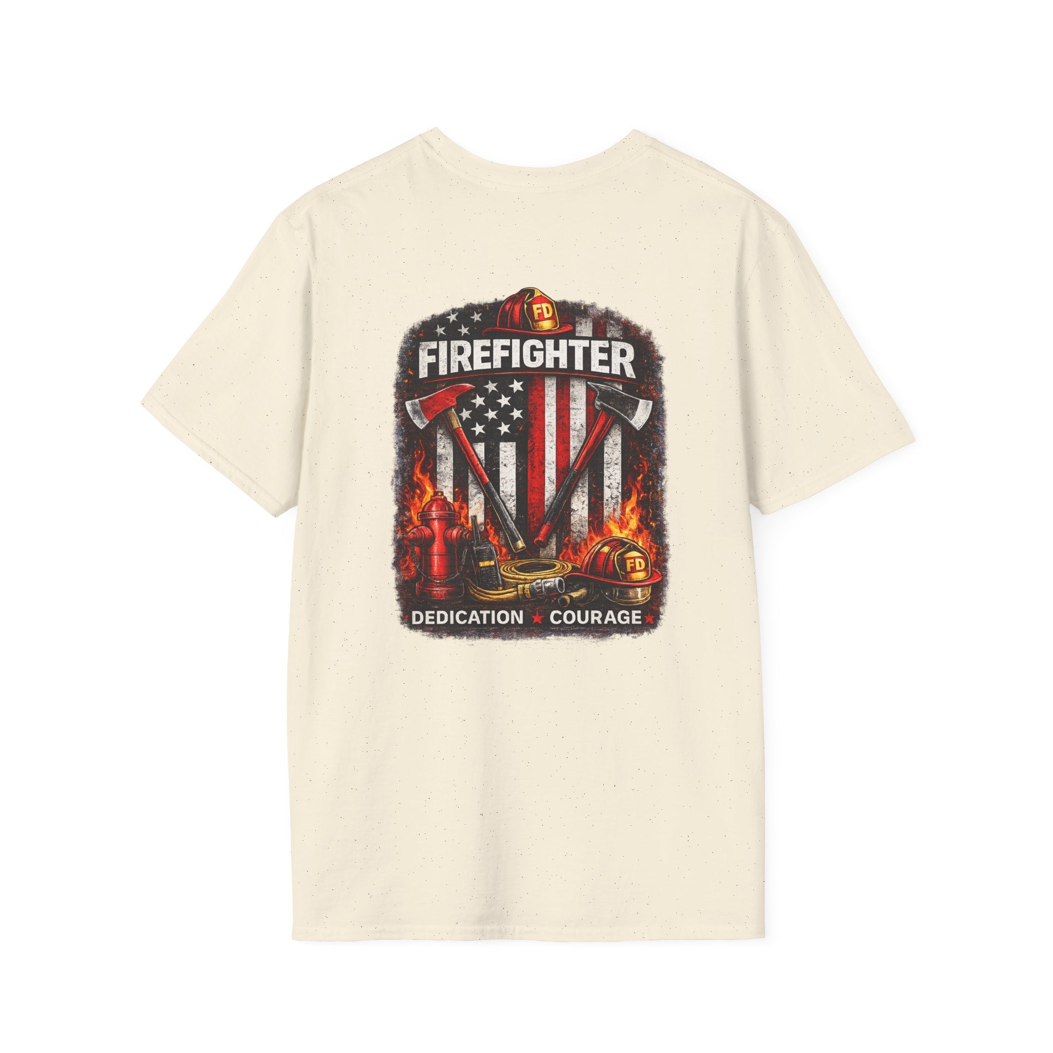 Firefighter T-Shirt — American Flag Helmet Design with "Dedication • Courage"