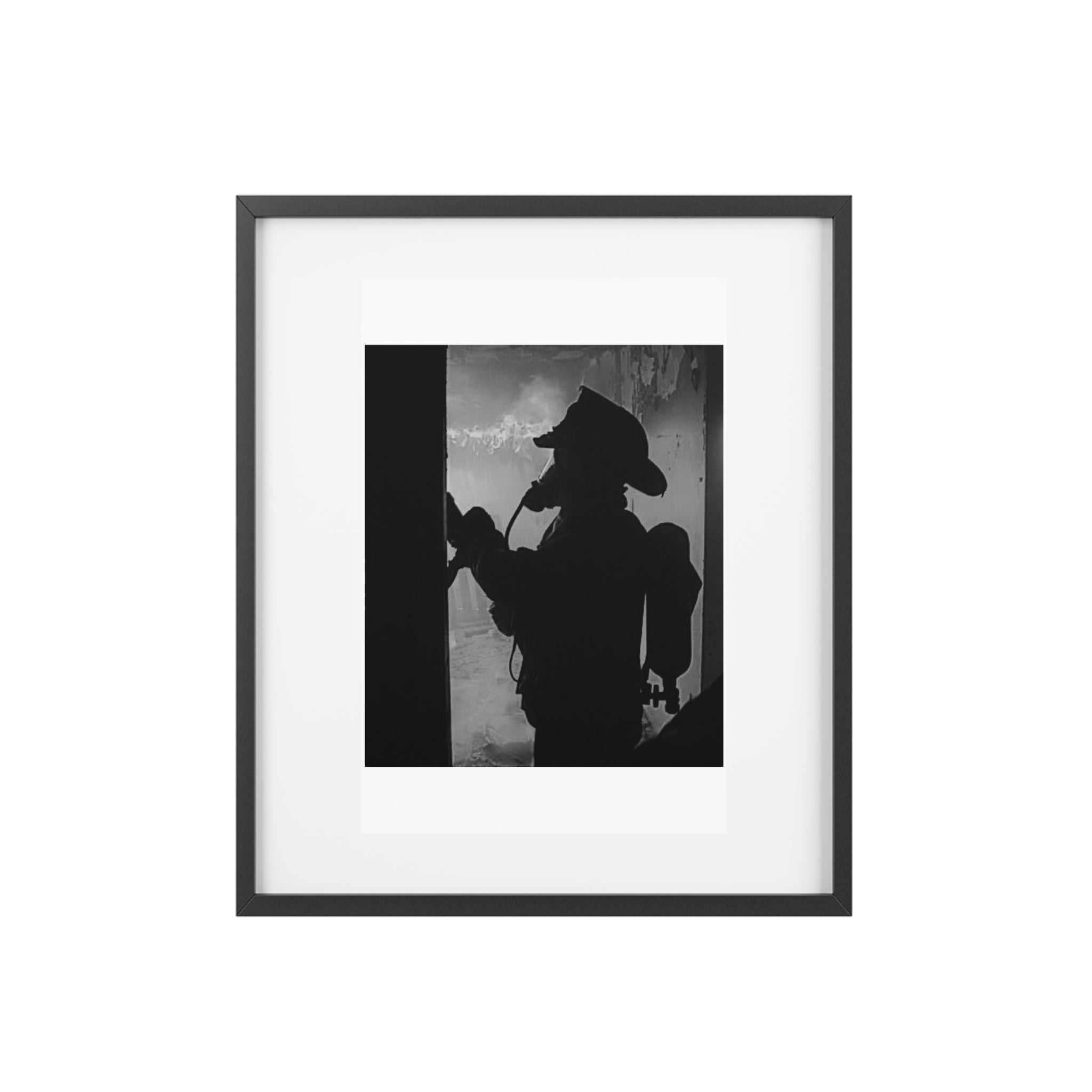 Black & White Firefighter Silhouette Framed Poster — Matte Wall Art