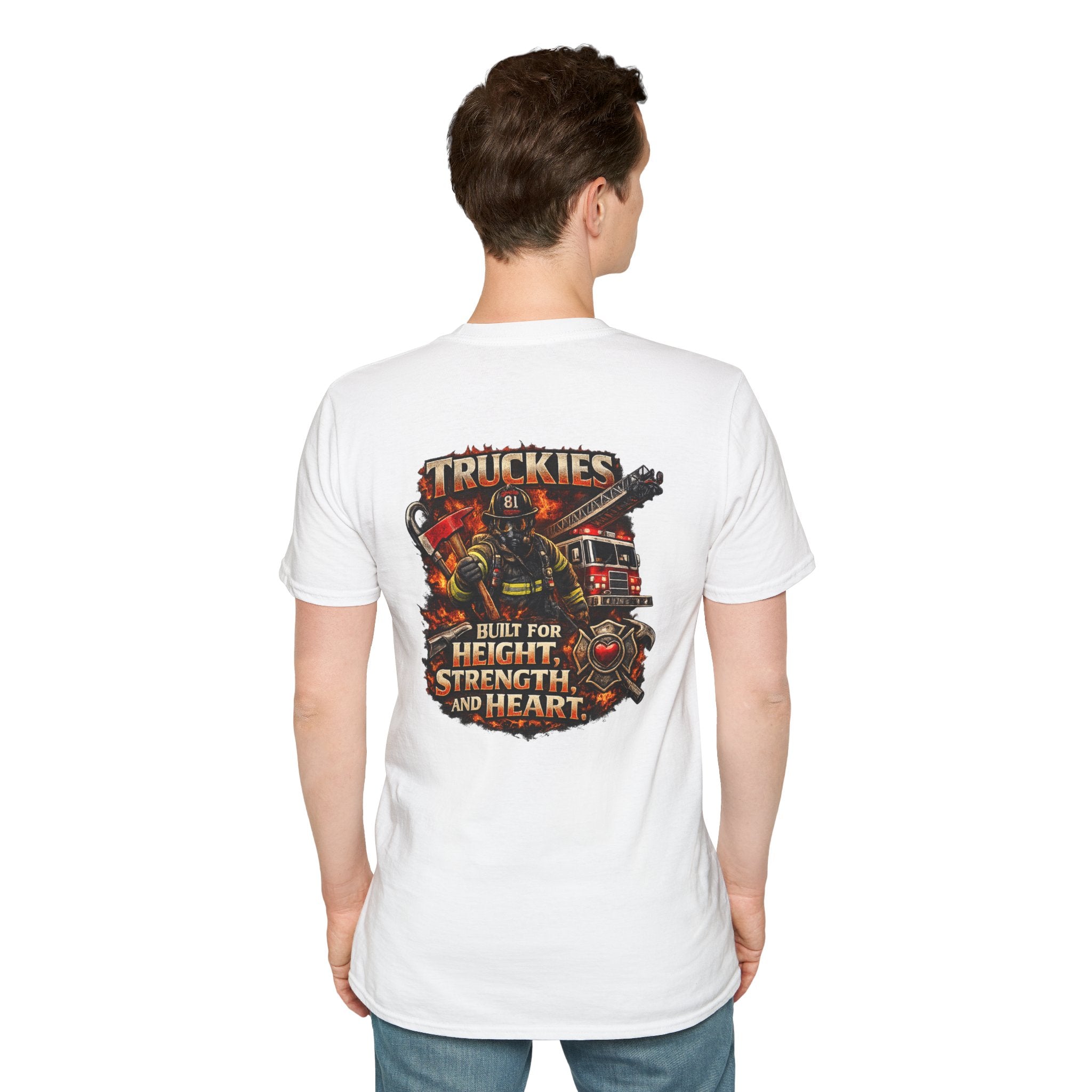 Firefighter Truckies T-Shirt — "Built for Height, Strength and Heart"