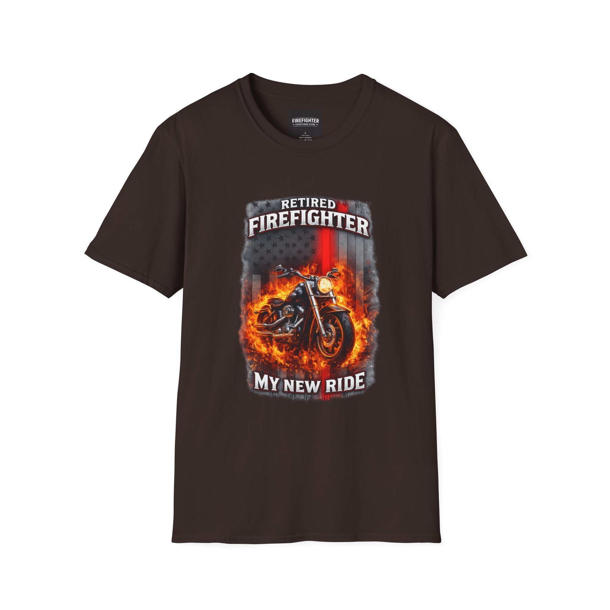 Retired Firefighter Motorcycle T-Shirt — “My New Ride” Biker Tee" Graphic on Front