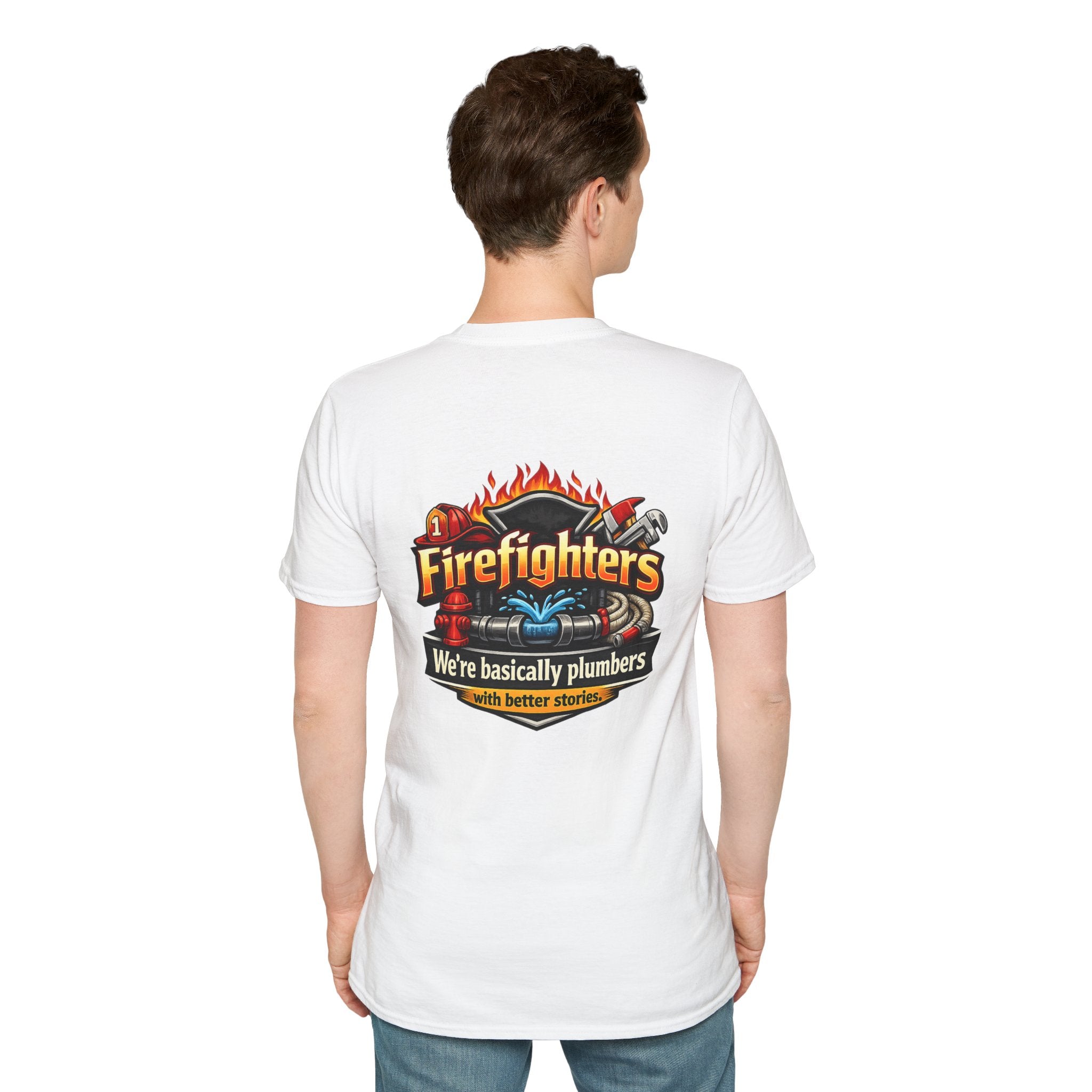 Firefighters Graphic T-Shirt — "We're Basically Plumbers" Firefighter Gift