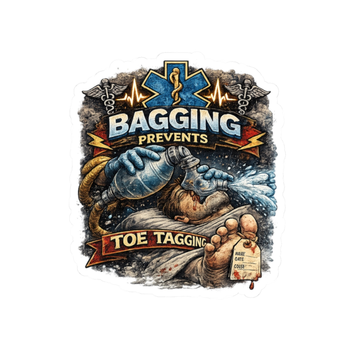 EMS 'Bagging Prevents Toe Tagging' Kiss-Cut Sticker — Paramedic EMT Rescue Decal