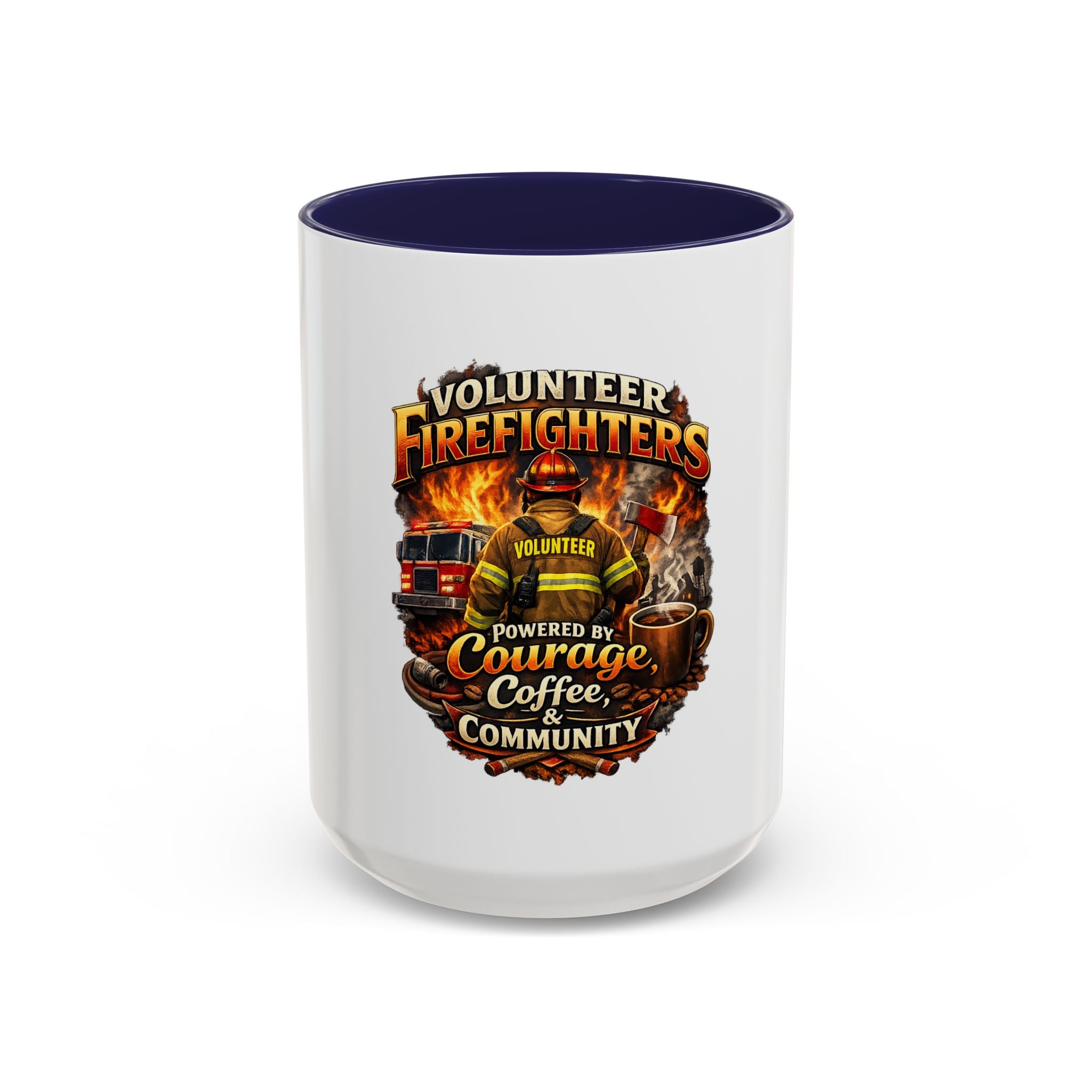 Volunteer Firefighter Coffee Mug — "Powered by Courage, Coffee & Community"