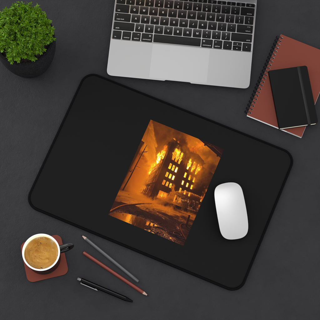 Burning Building Desk Mat — Dramatic Fire Photography Mouse Pad