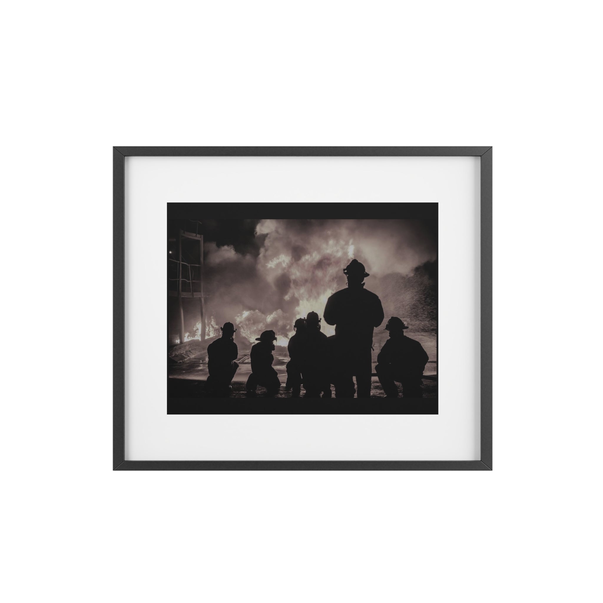 Firefighter Silhouette Framed Poster — Black & White Matte Print