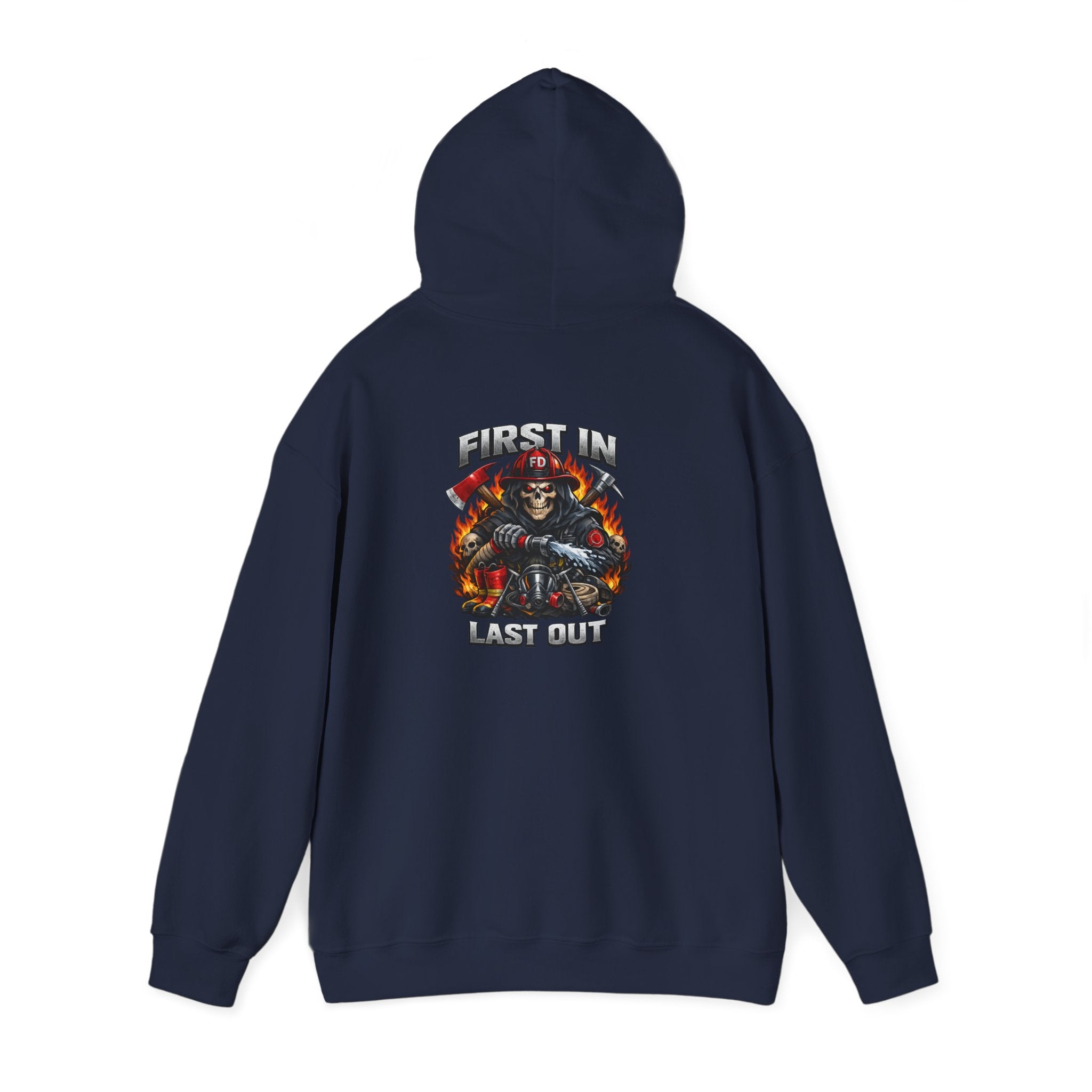Fireman Skull Hoodie - "Fire In, Last Out" Firefighter Pullover