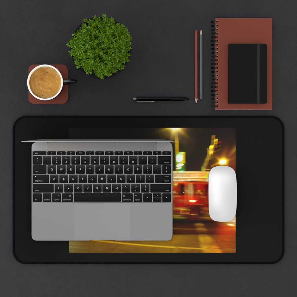 Emergency Response Desk Mat — Blurred Fire Truck Night Scene