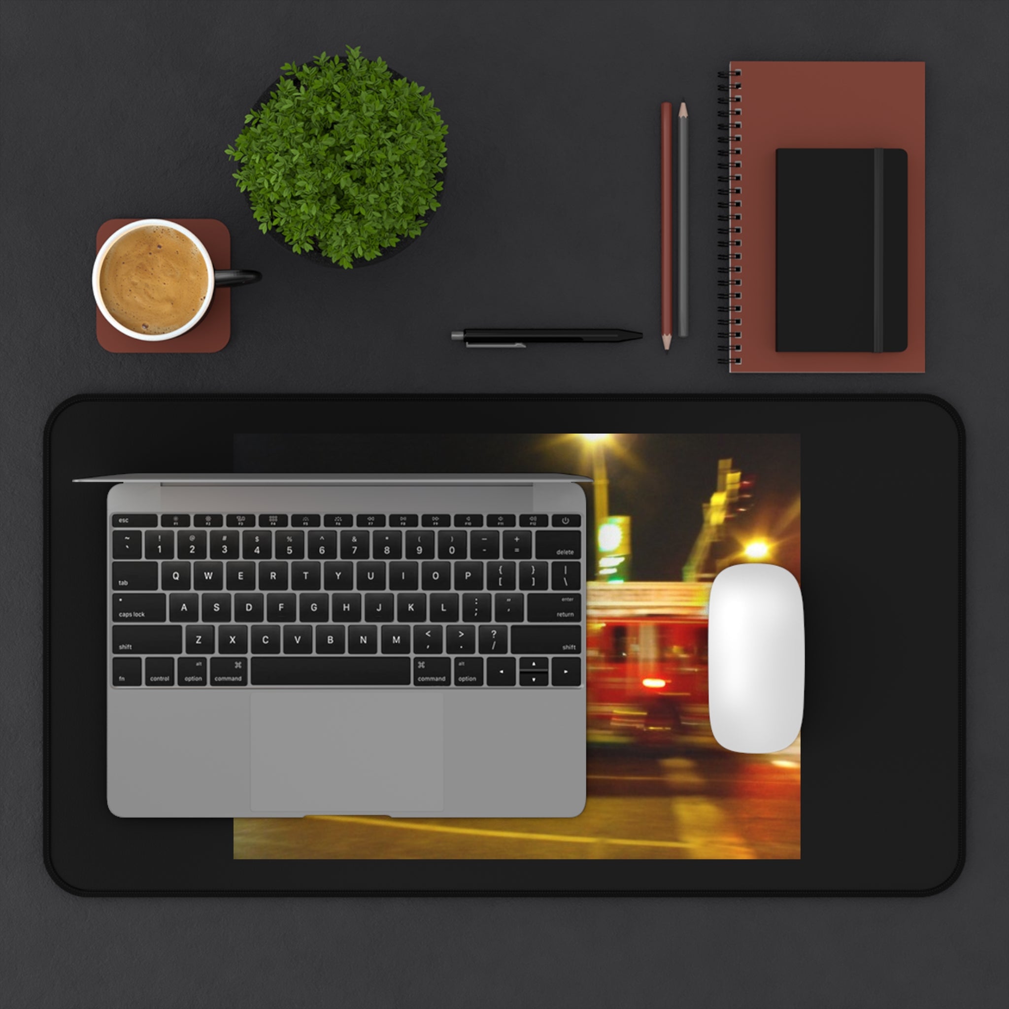 Emergency Response Desk Mat — Blurred Fire Truck Night Scene