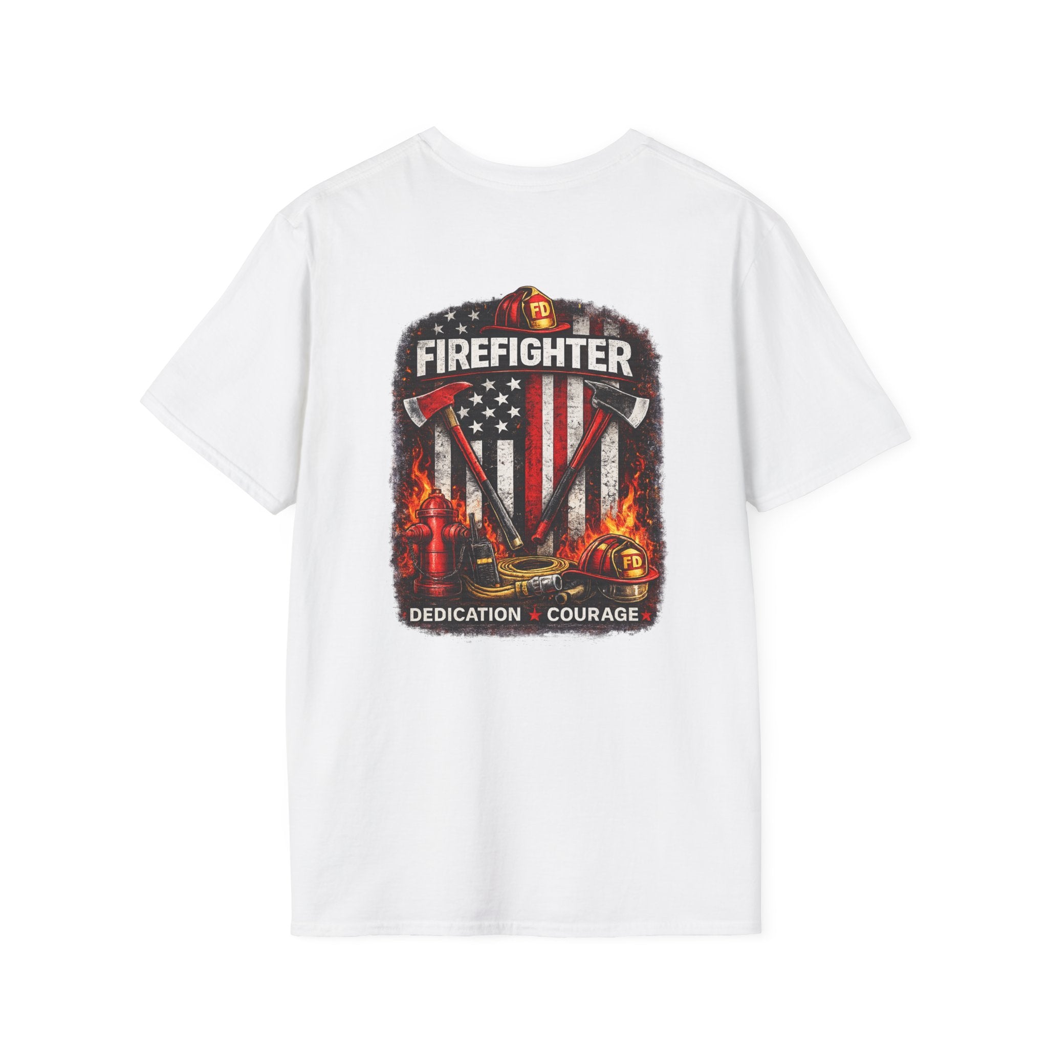 Firefighter T-Shirt — American Flag Helmet Design with "Dedication • Courage"