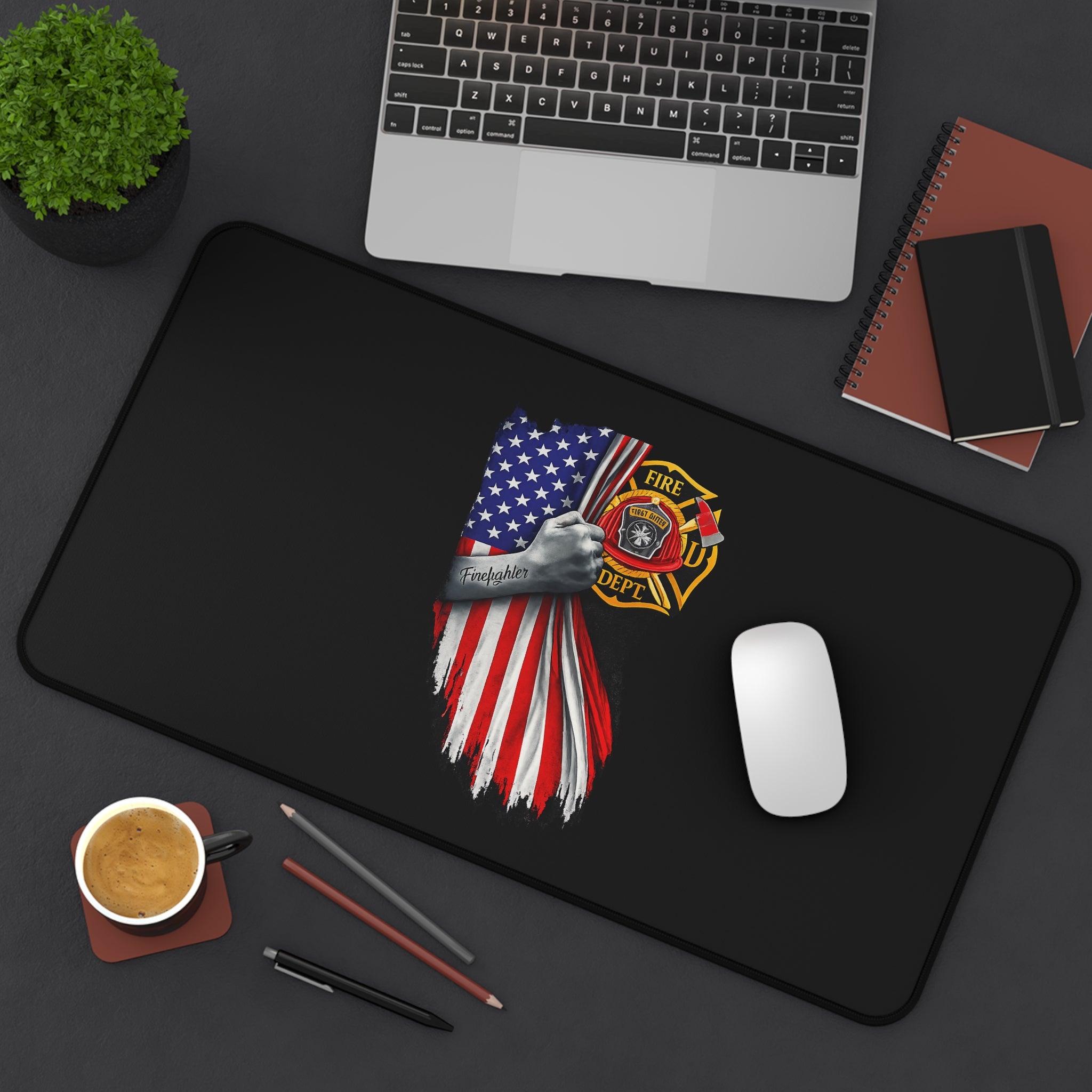 Firefighter American Flag Desk Mat — Thin Blue Line Tribute Mouse Pad