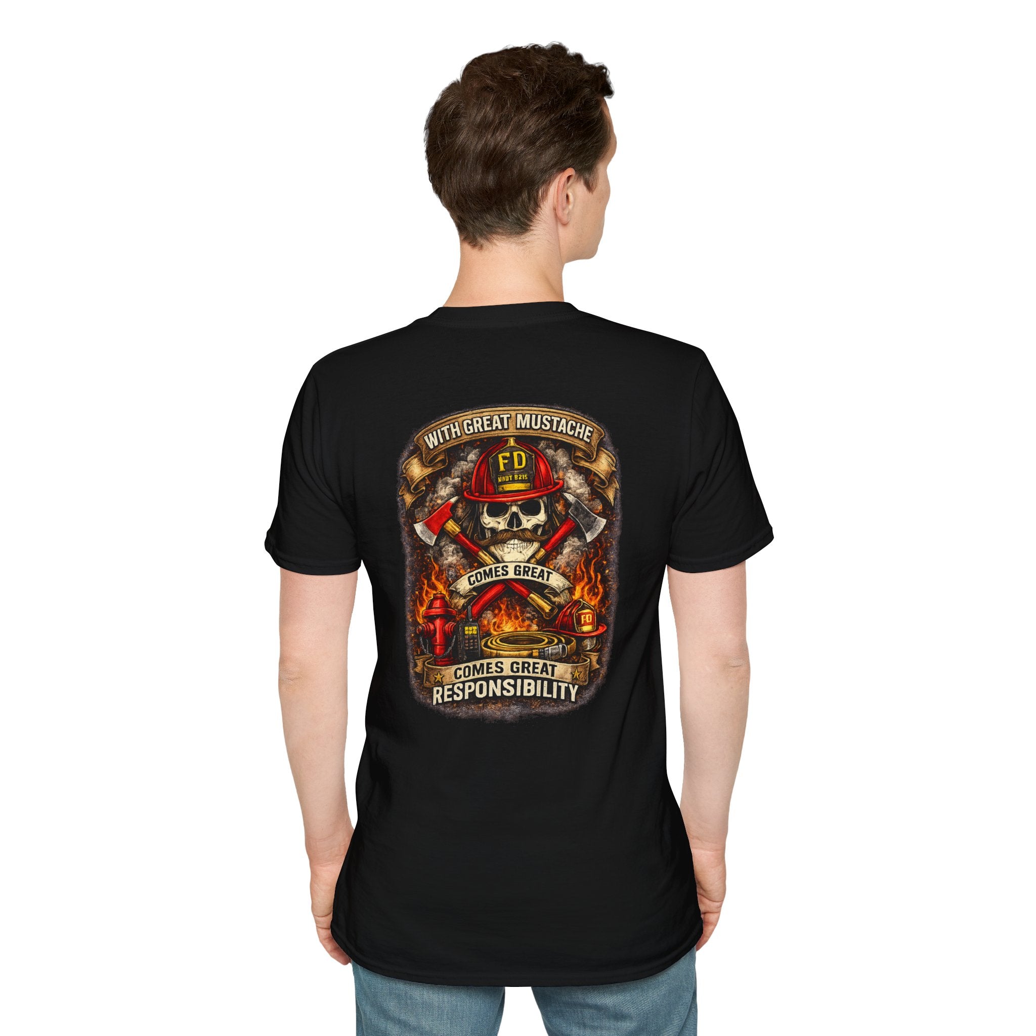 Firefighter Skull T-Shirt — “With Great Mustache Comes Great Responsibility” Graphic Tee
