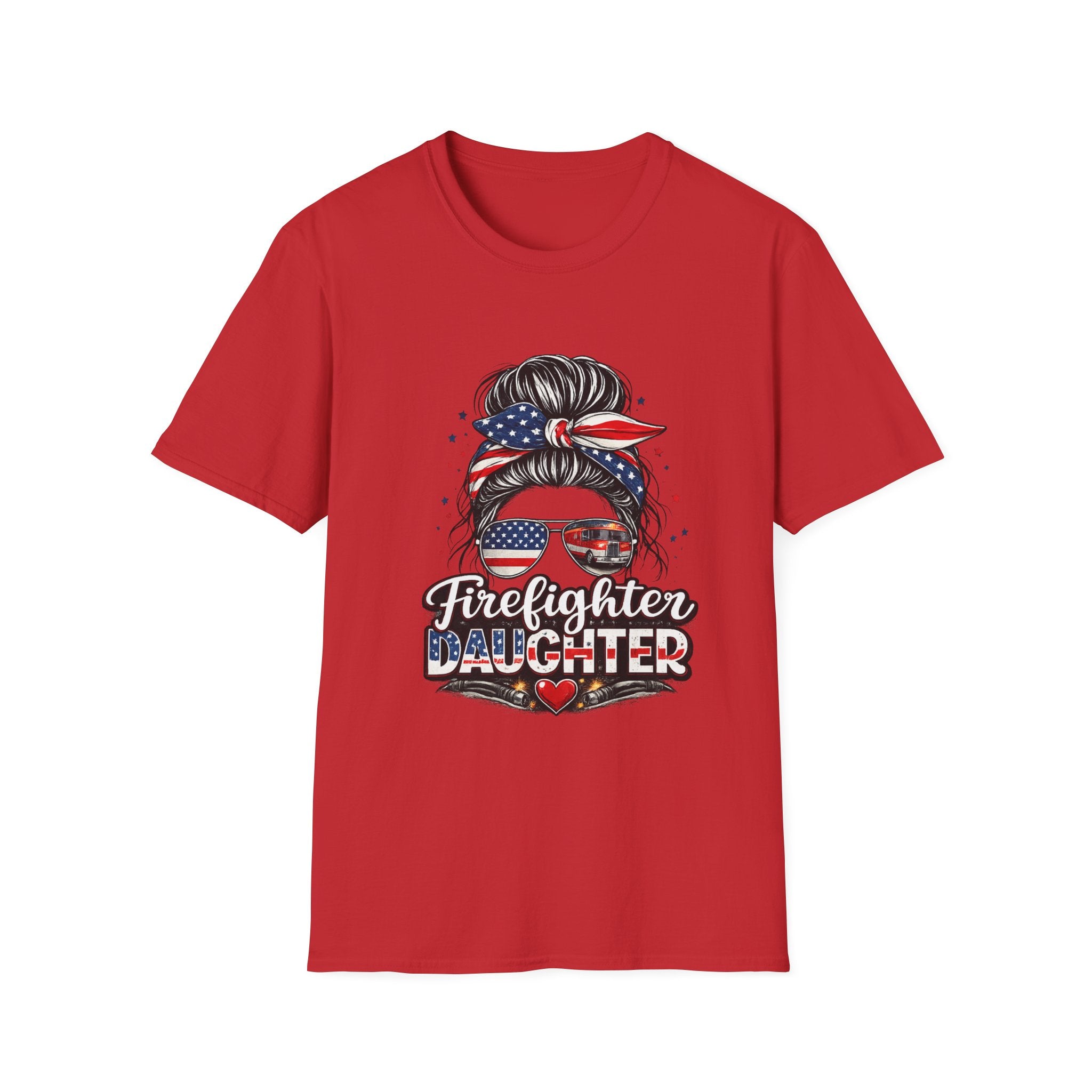 Firefighter Daughter T-Shirt — Patriotic Messy Bun Sunglasses Design