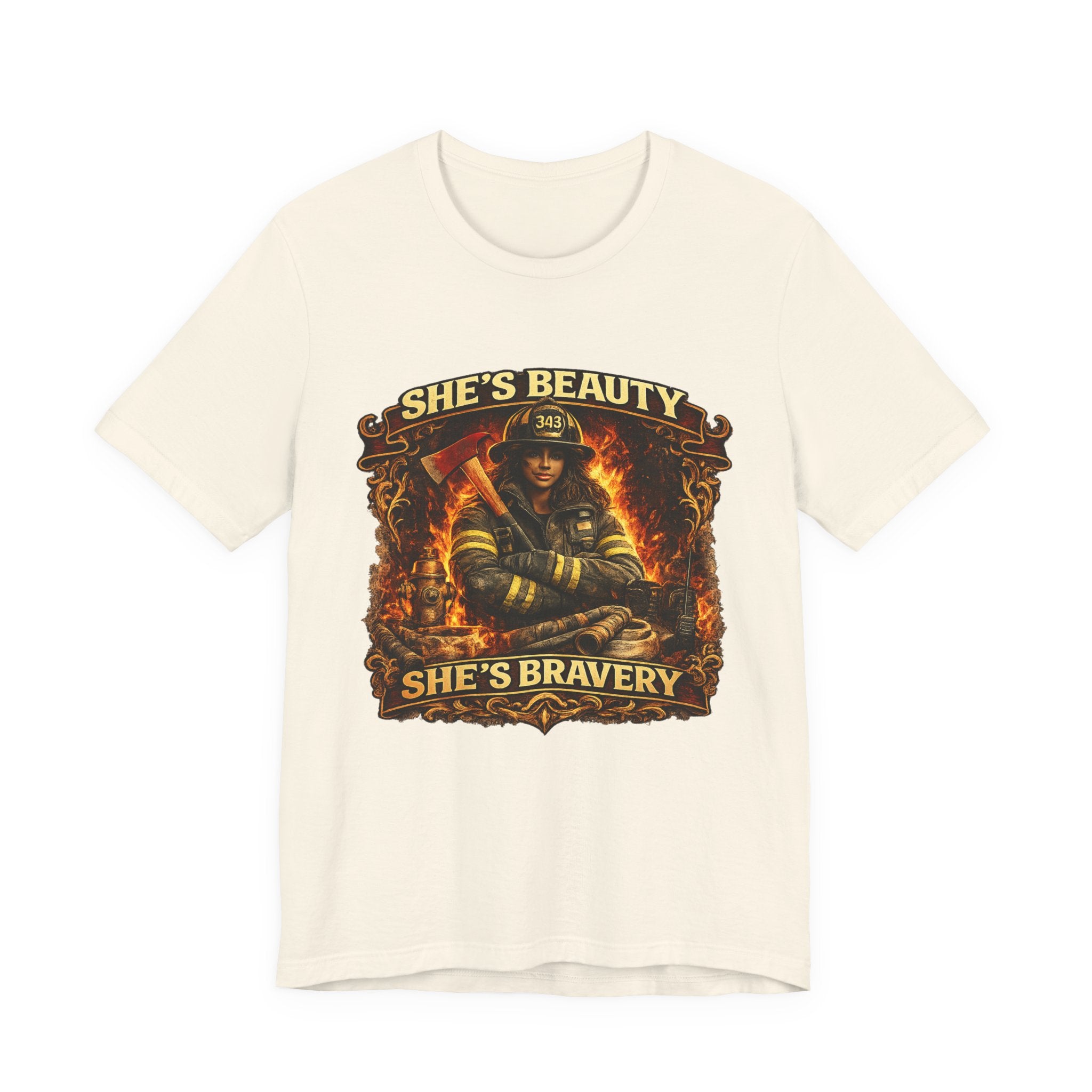 Firefighter Woman Tee - "She's Beauty, She's Bravery" Graphic T-Shirt