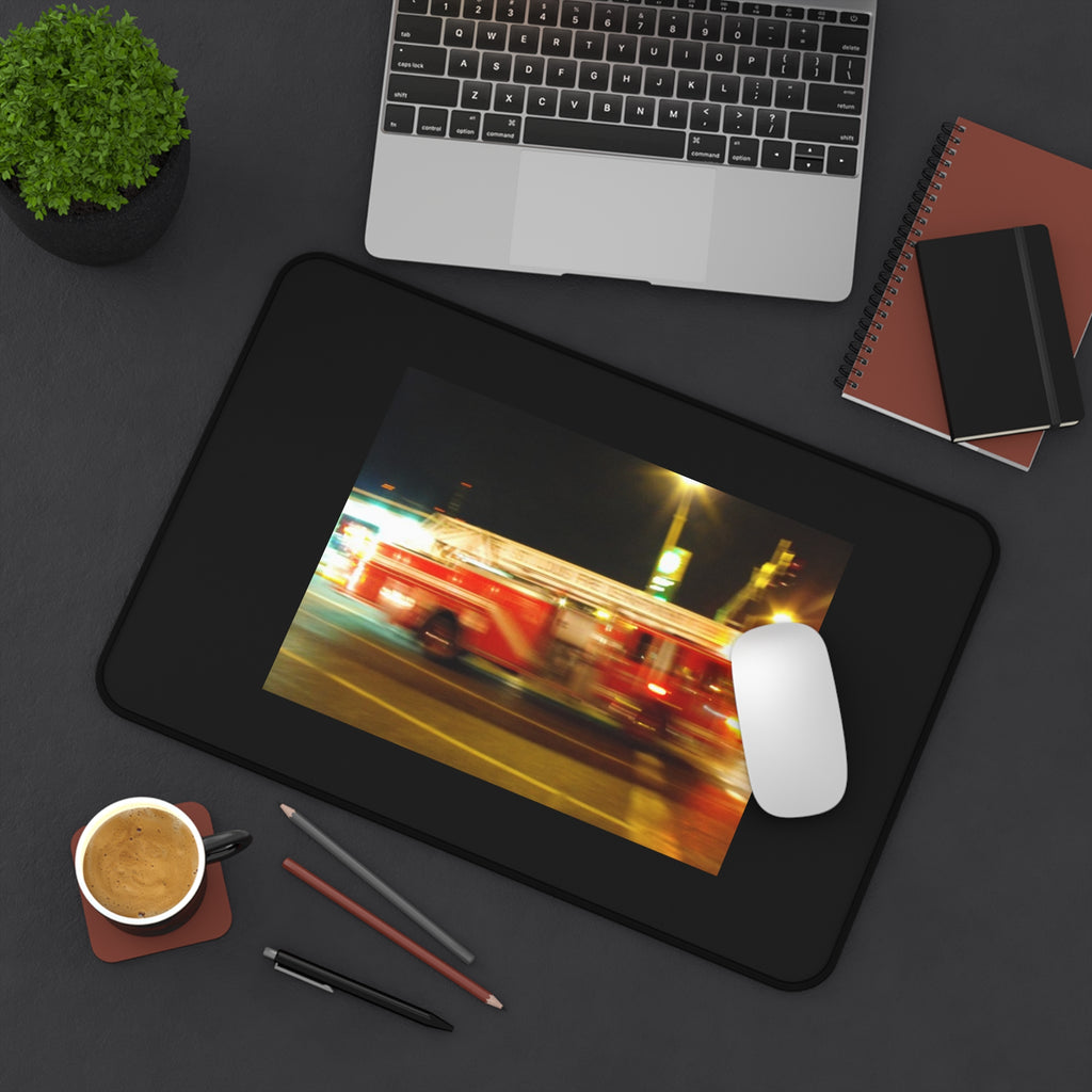 Emergency Response Desk Mat — Blurred Fire Truck Night Scene