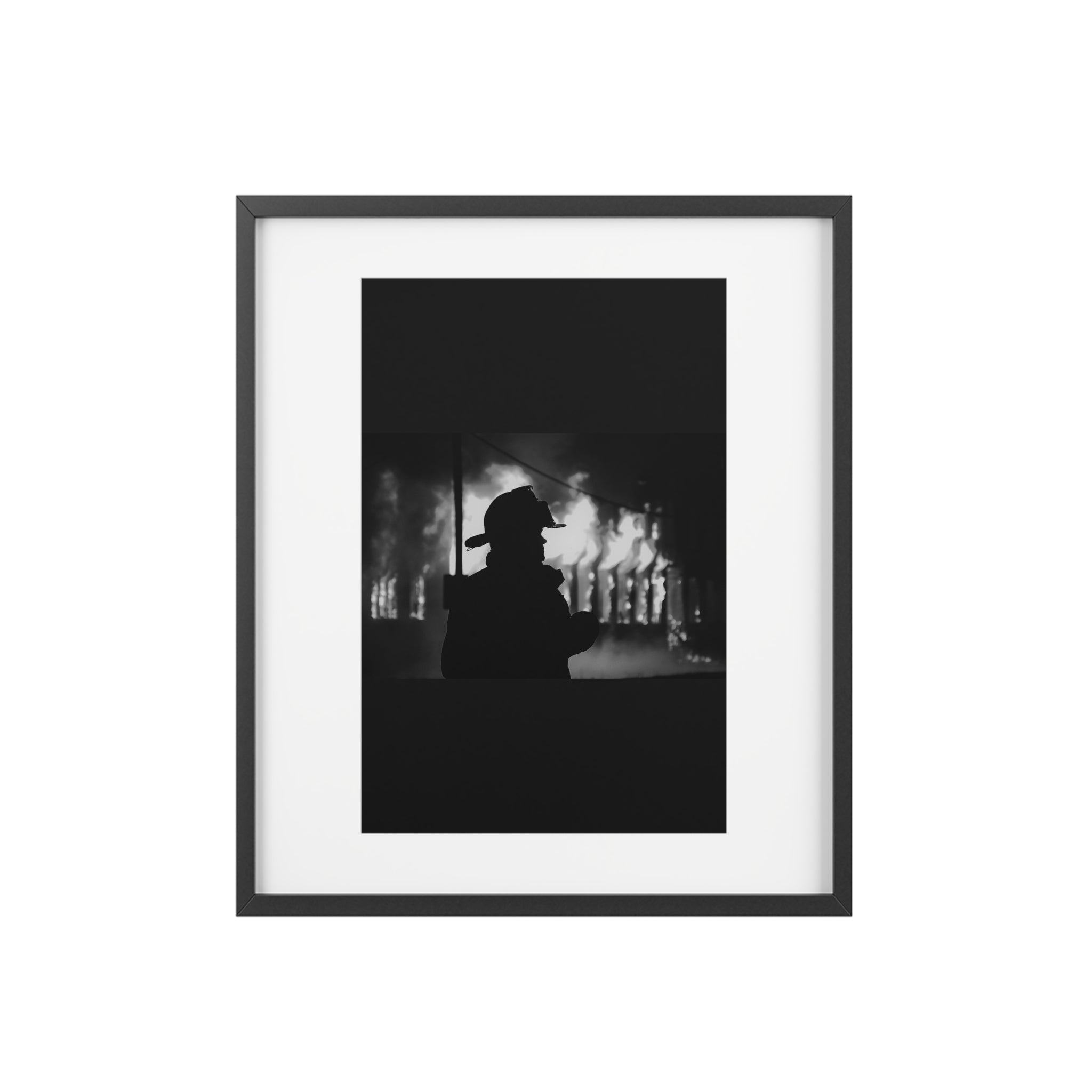Framed Poster — Silhouette Firefighter Black & White Print