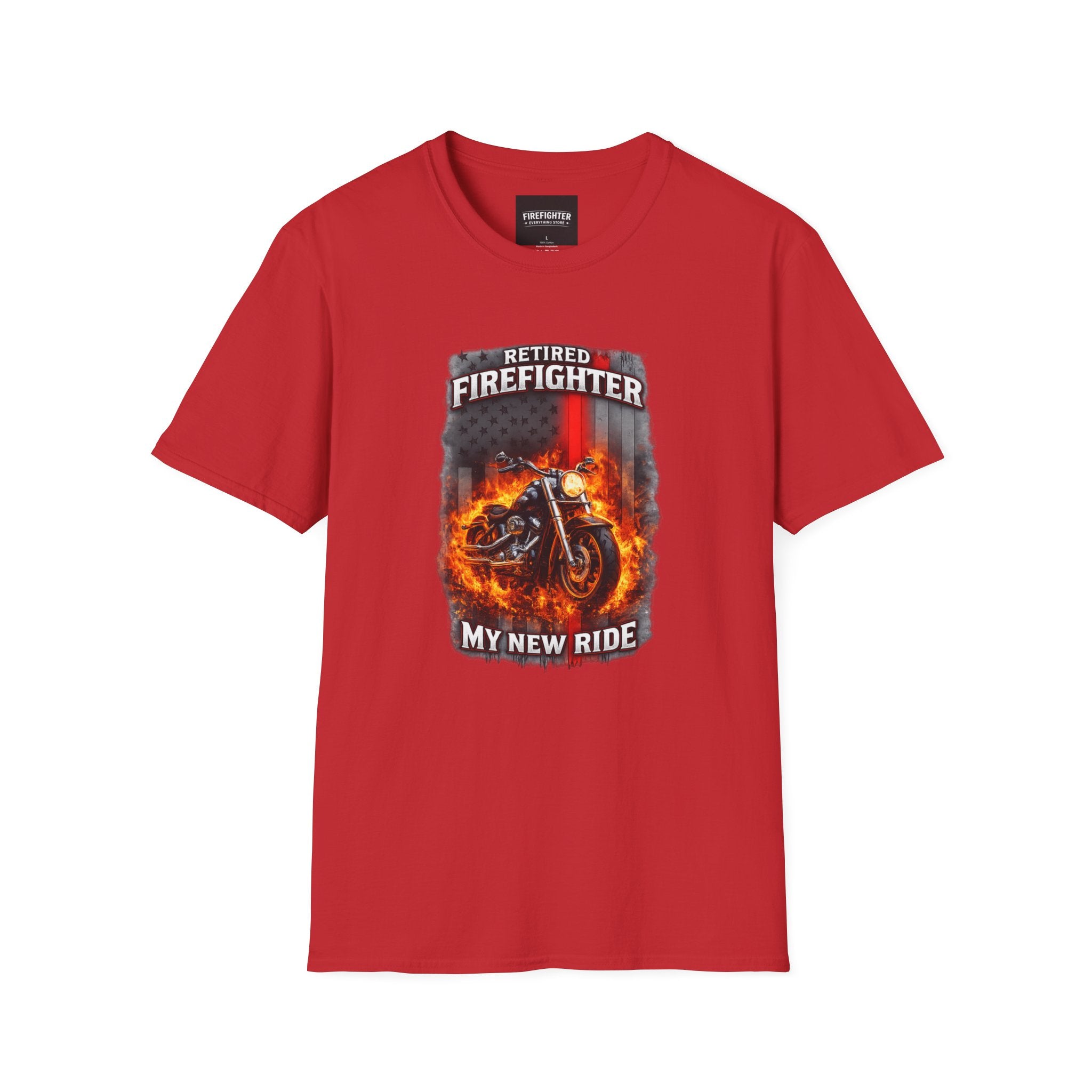 Retired Firefighter Motorcycle T-Shirt — “My New Ride” Biker Tee" Graphic on Front