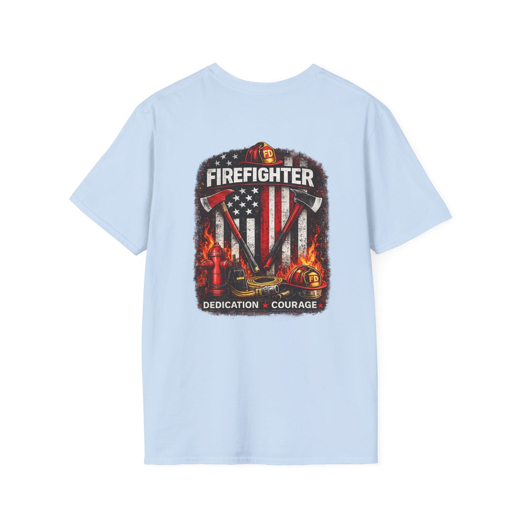 Firefighter T-Shirt — American Flag Helmet Design with "Dedication • Courage"
