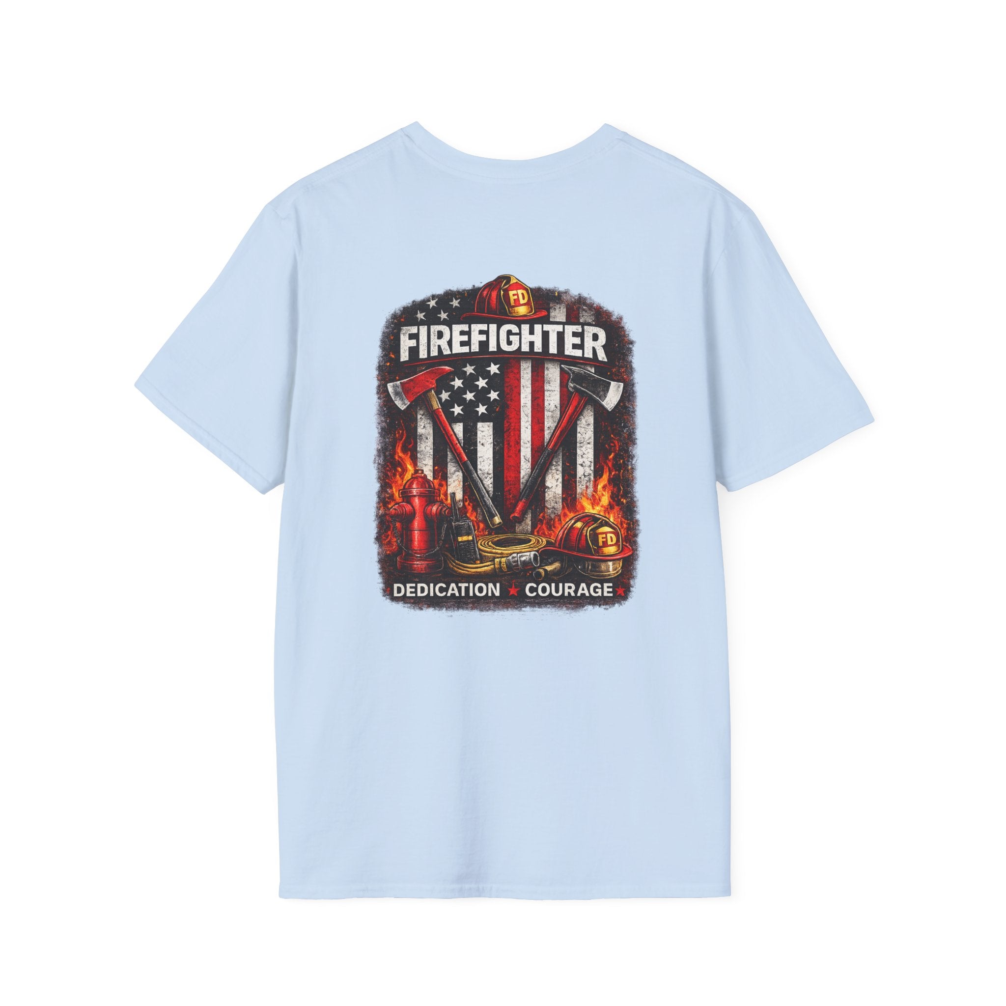 Firefighter T-Shirt — American Flag Helmet Design with "Dedication • Courage"