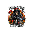 Firefighter Sticker — "First In Last Out" Grim Reaper Fireman Kiss-Cut Decal