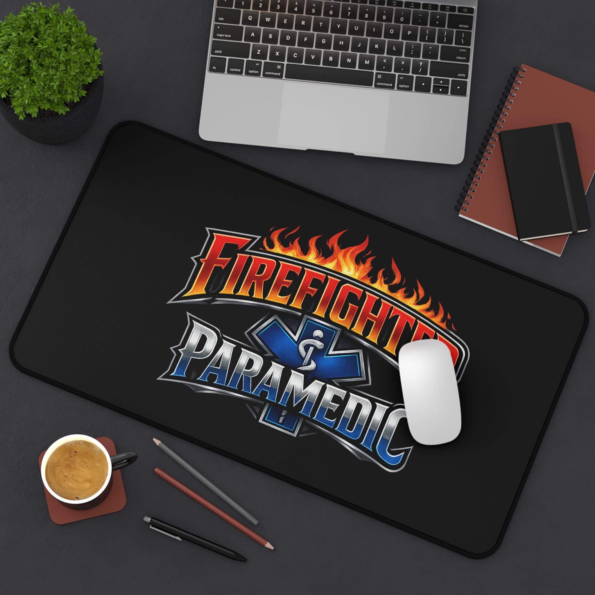 Firefighter Paramedic Desk Mat — Flame Logo Gaming & Work Mouse Pad