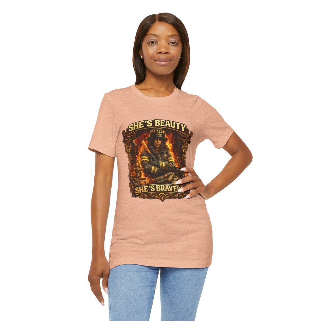 Firefighter Woman Tee - "She's Beauty, She's Bravery" Graphic T-Shirt