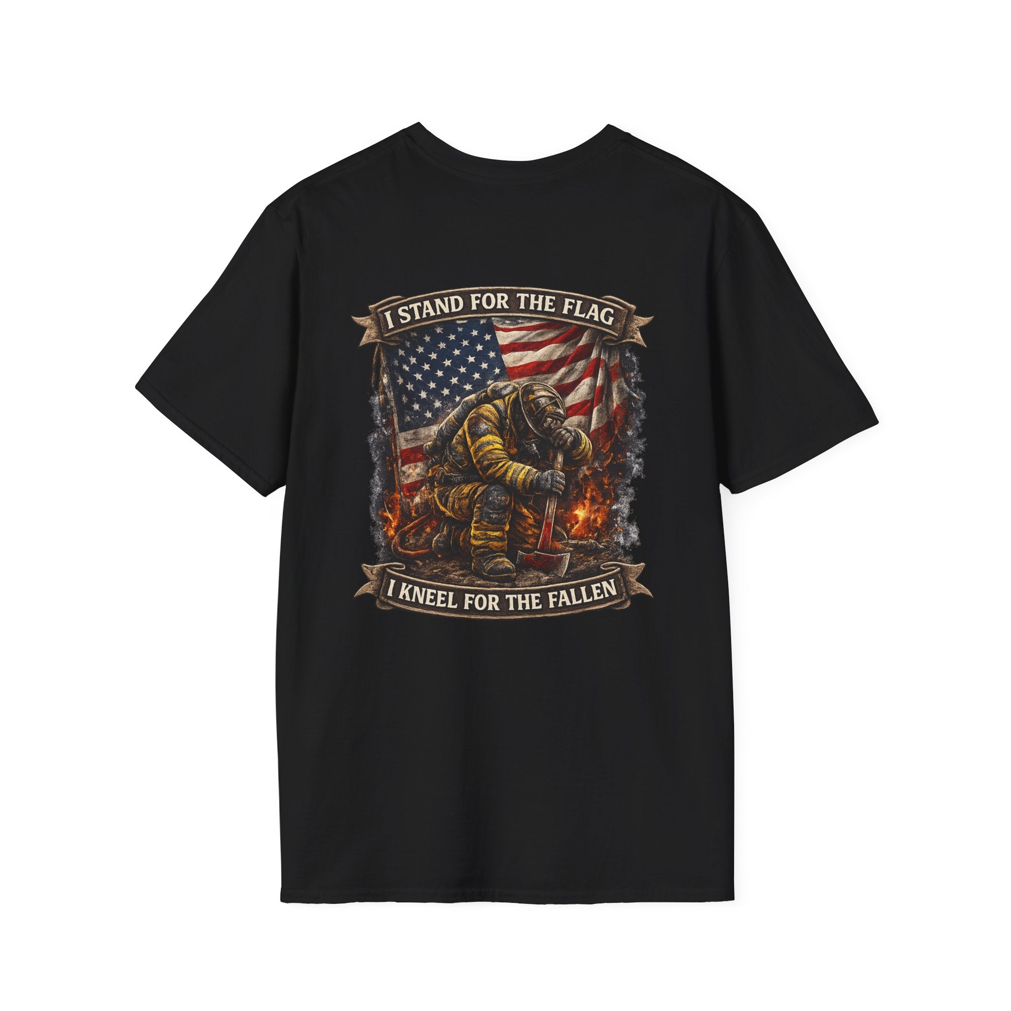 Patriotic Firefighter T-Shirt — "I Stand for the Flag, I Kneel for the Fallen"