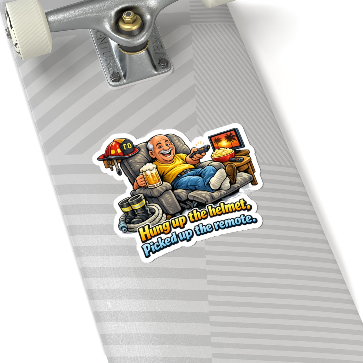 Firefighter Retirement Sticker — "Hung up the Helmet, Picked up the Remote" Kiss-Cut Decal