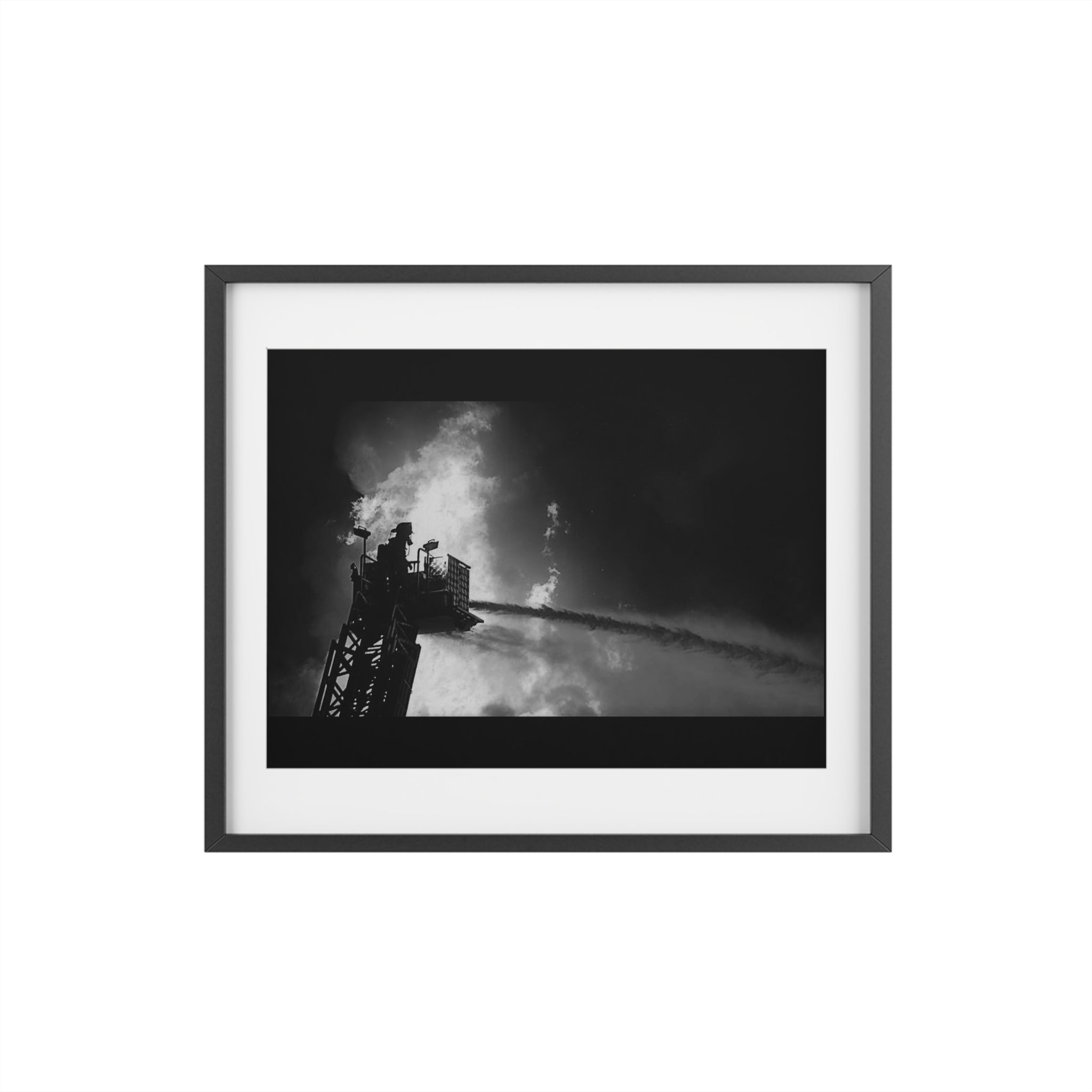 Framed Poster — Dramatic Black & White Firefighter Ladder Photo (Matte)