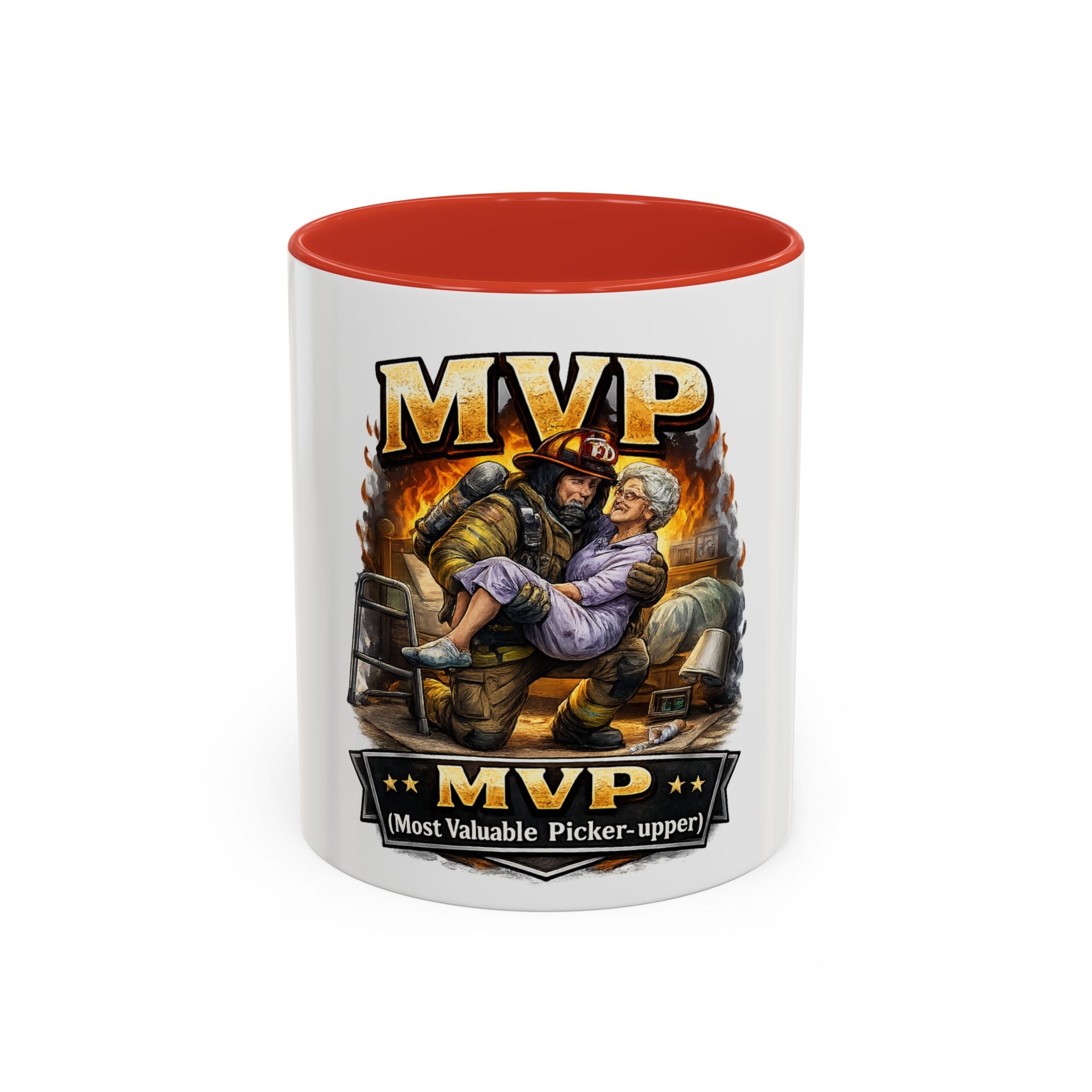 MVP Coffee Mug — "Most Valuable Picker-Upper" Firefighter Rescue Design (11/15 oz)
