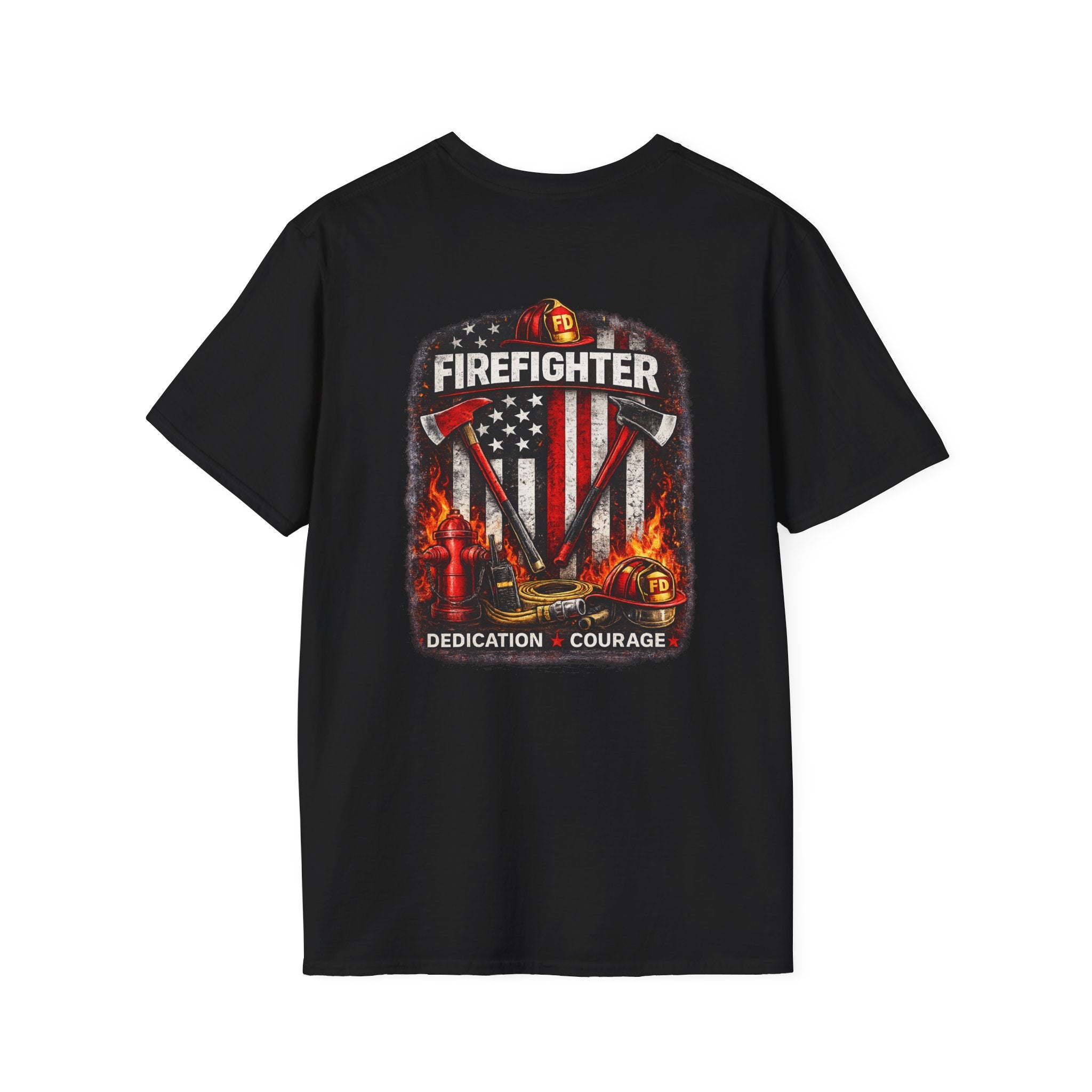 Firefighter T-Shirt — American Flag Helmet Design with "Dedication • Courage"