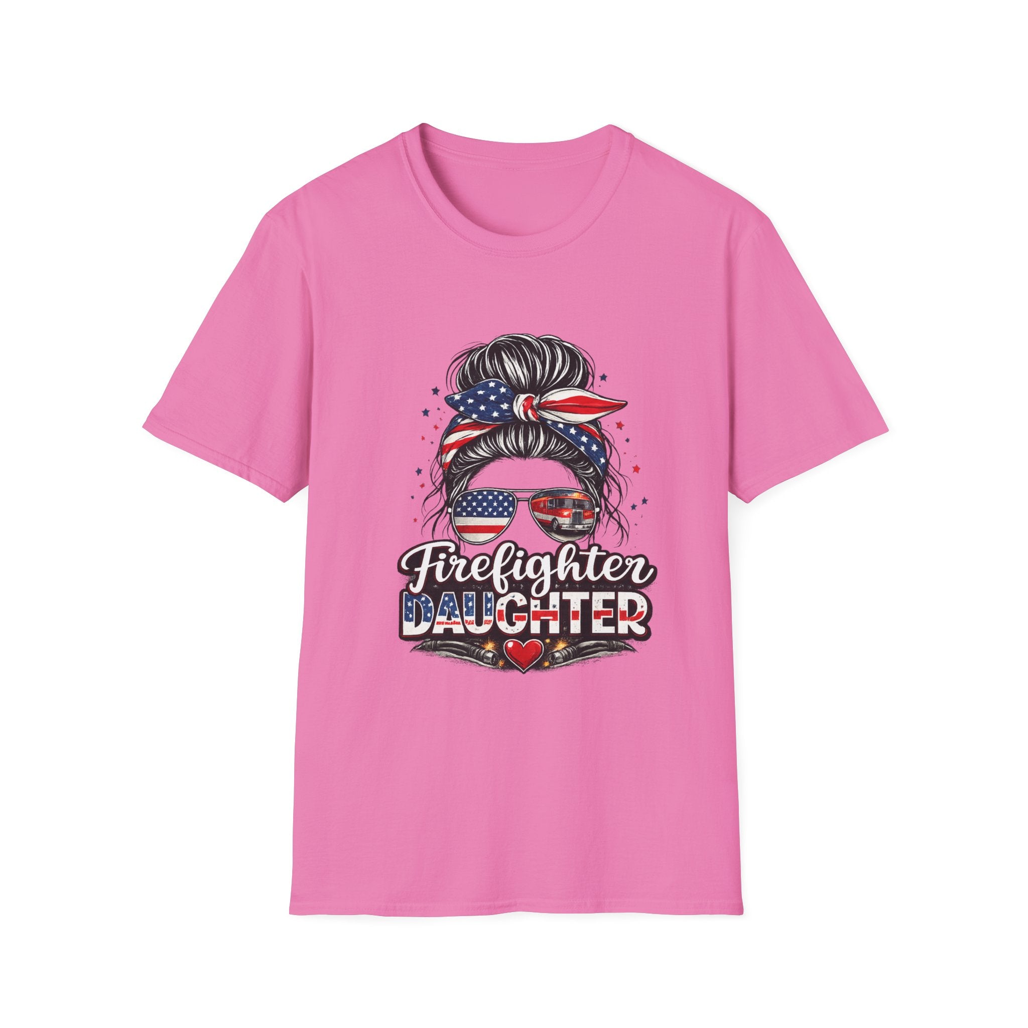 Firefighter Daughter T-Shirt — Patriotic Messy Bun Sunglasses Design