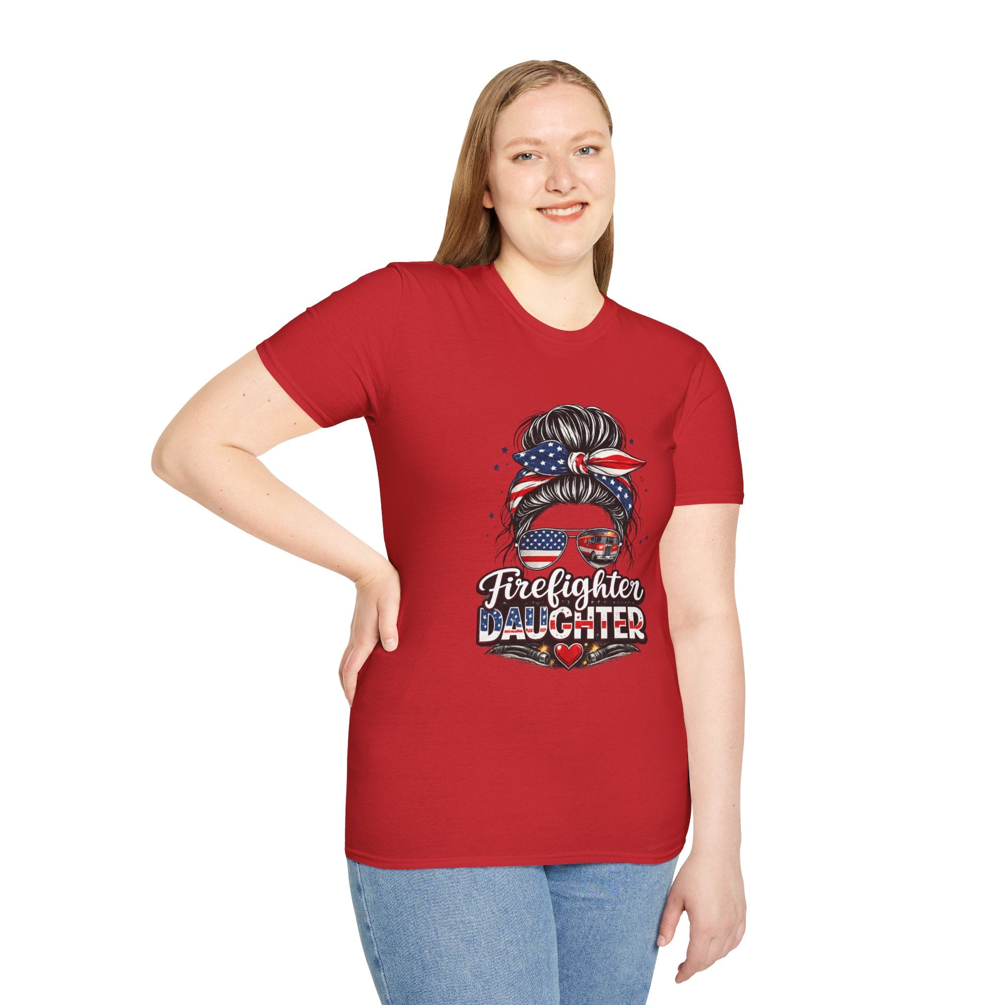 Firefighter Daughter T-Shirt — Patriotic Messy Bun Sunglasses Design