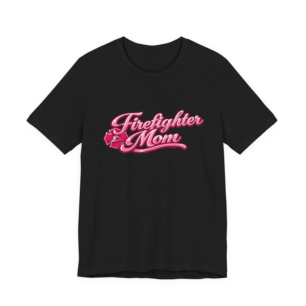 Firefighter Mom T-Shirt — Pink Script Rescue Emblem Tee