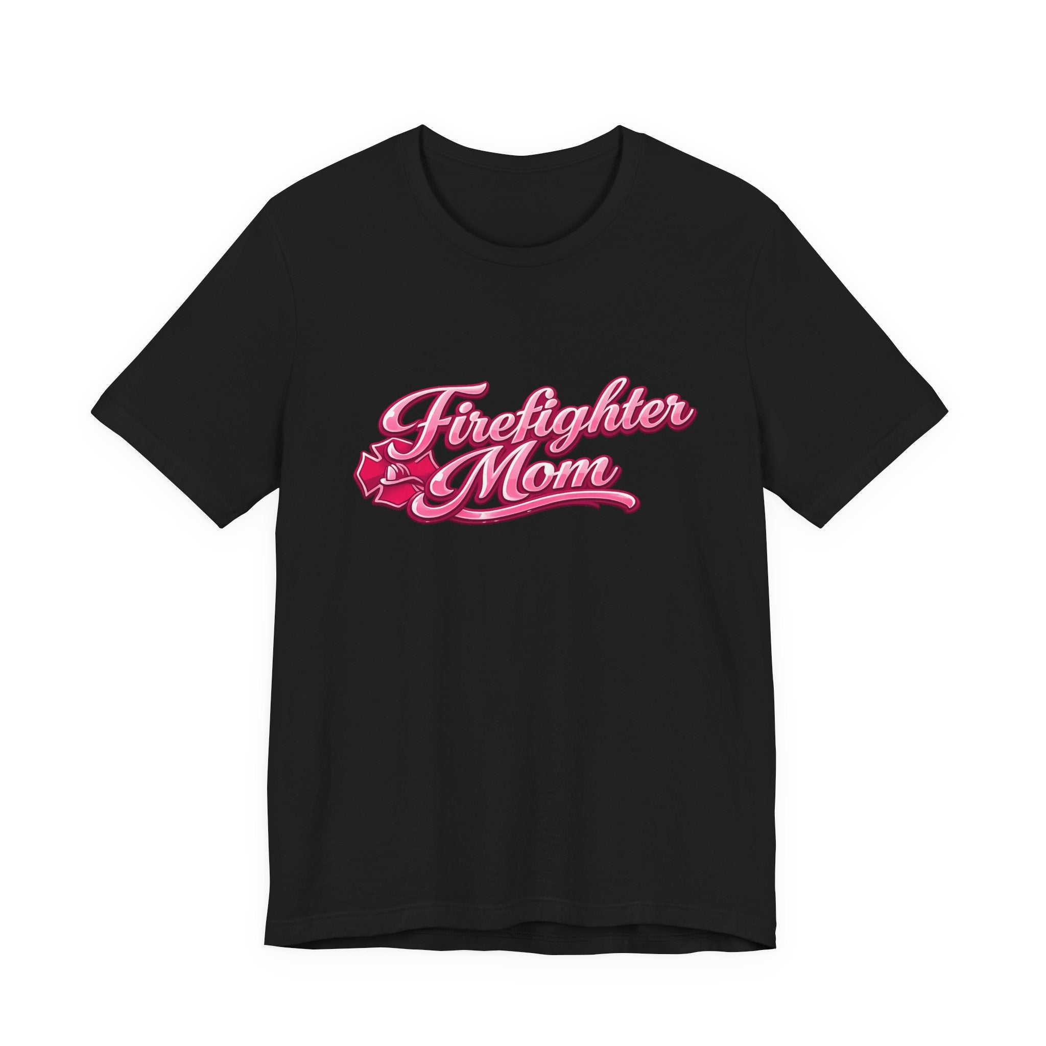 Firefighter Mom T-Shirt — Pink Script Rescue Emblem Tee