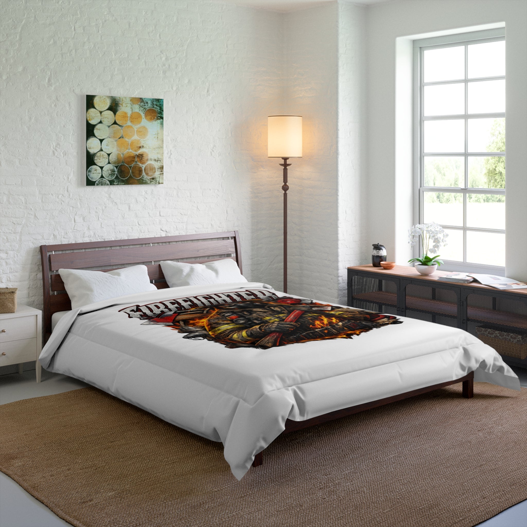 Firefighter Comforter – Brave Firefighter Helmet & Flames Bedding (Number 343)