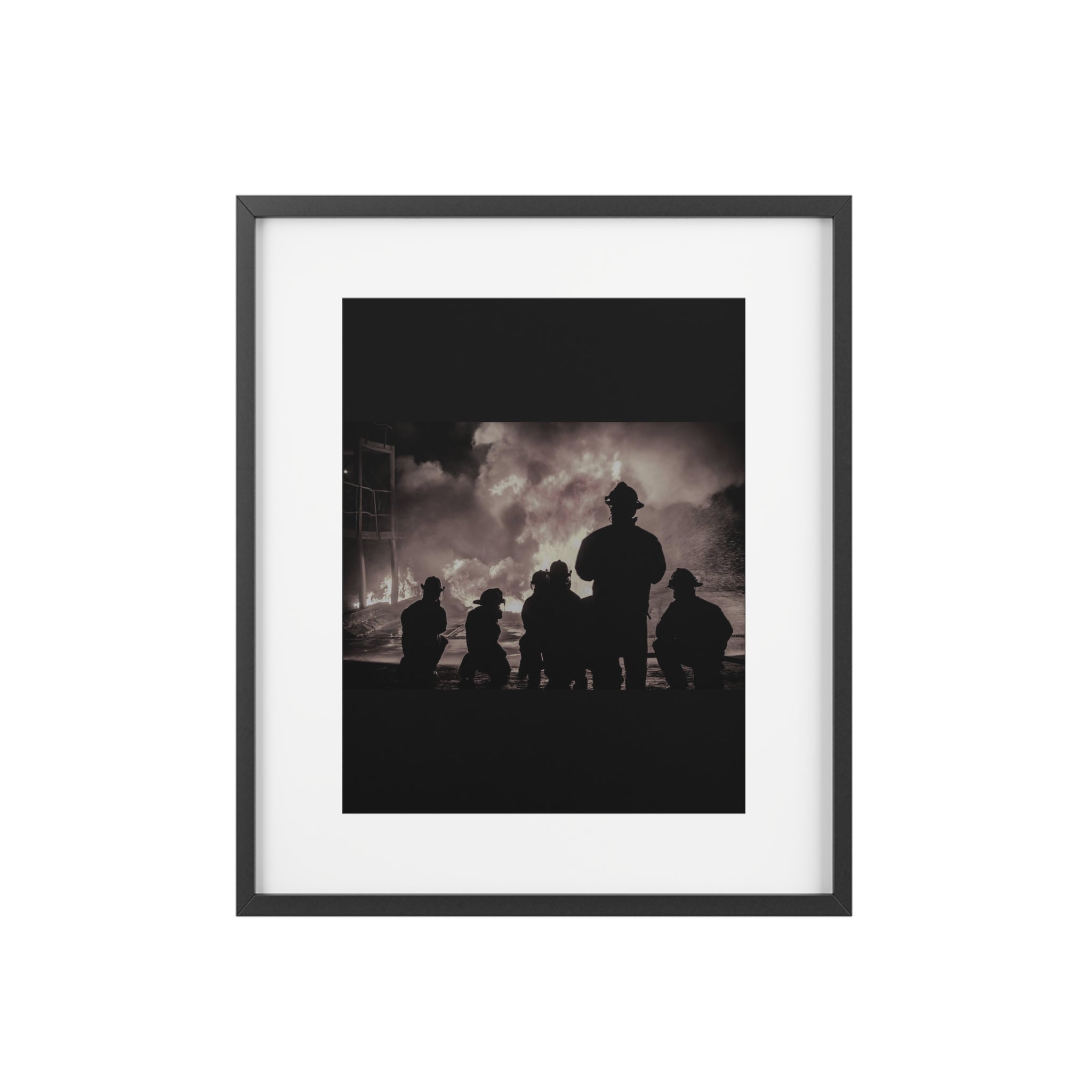 Firefighter Silhouette Framed Poster — Black & White Matte Print