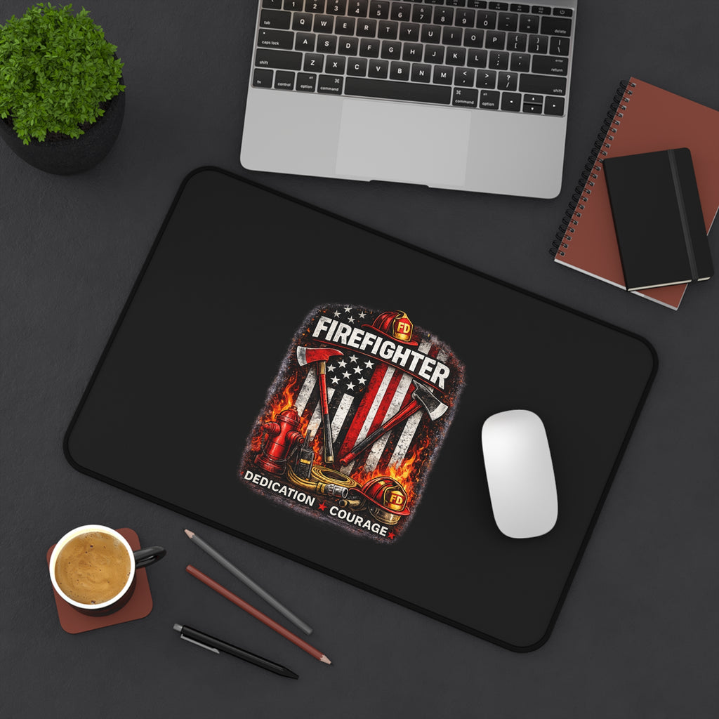 Firefighter Tribute Desk Mat – 'Firefighter: Dedication • Courage' Patriotic Flame Design