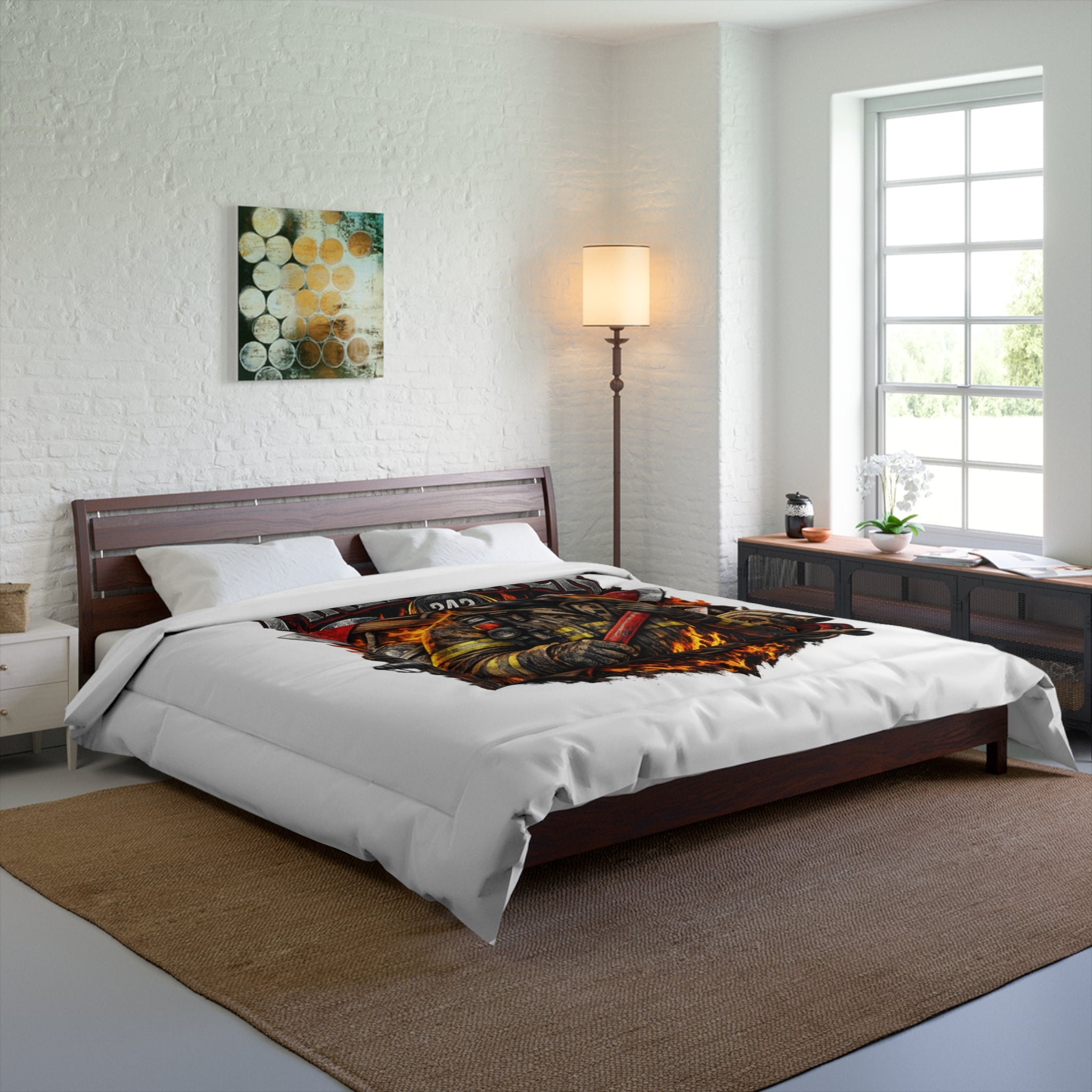 Firefighter Comforter – Brave Firefighter Helmet & Flames Bedding (Number 343)