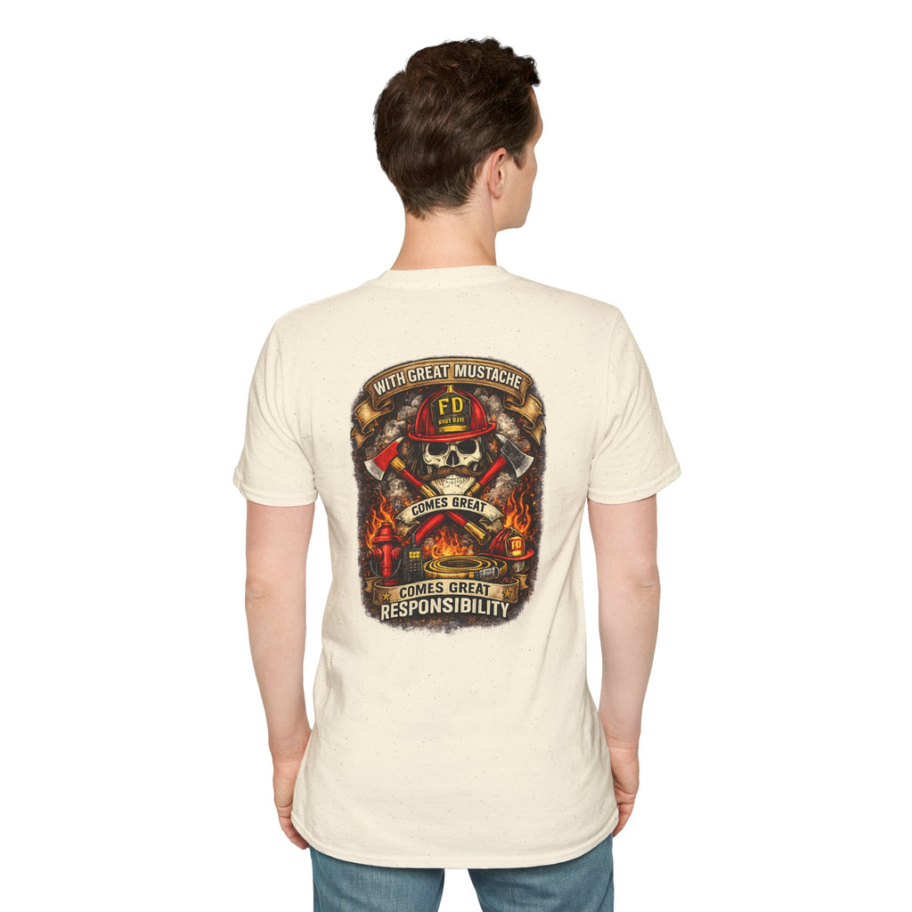 Firefighter Skull T-Shirt — “With Great Mustache Comes Great Responsibility” Graphic Tee