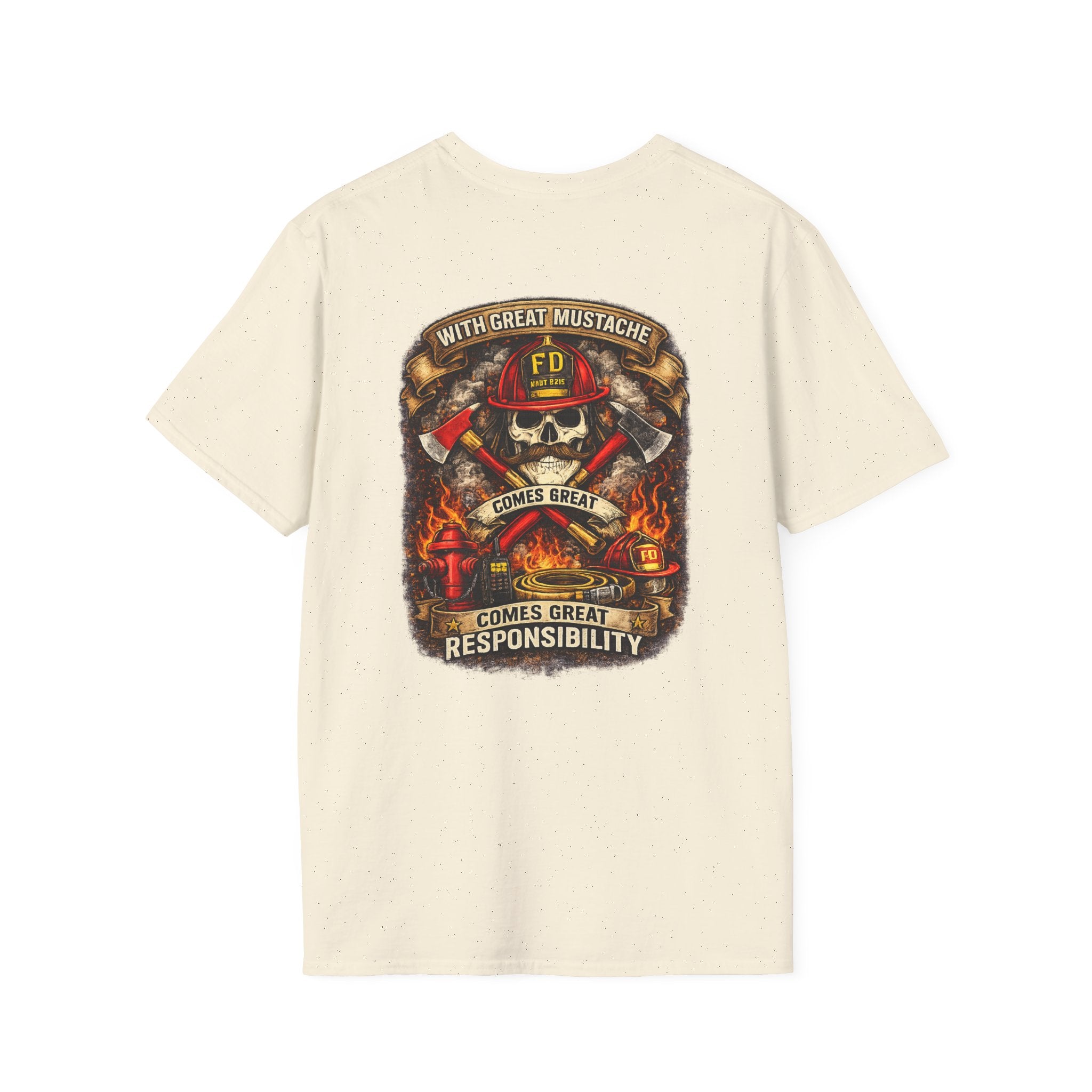 Firefighter Skull T-Shirt — “With Great Mustache Comes Great Responsibility” Graphic Tee