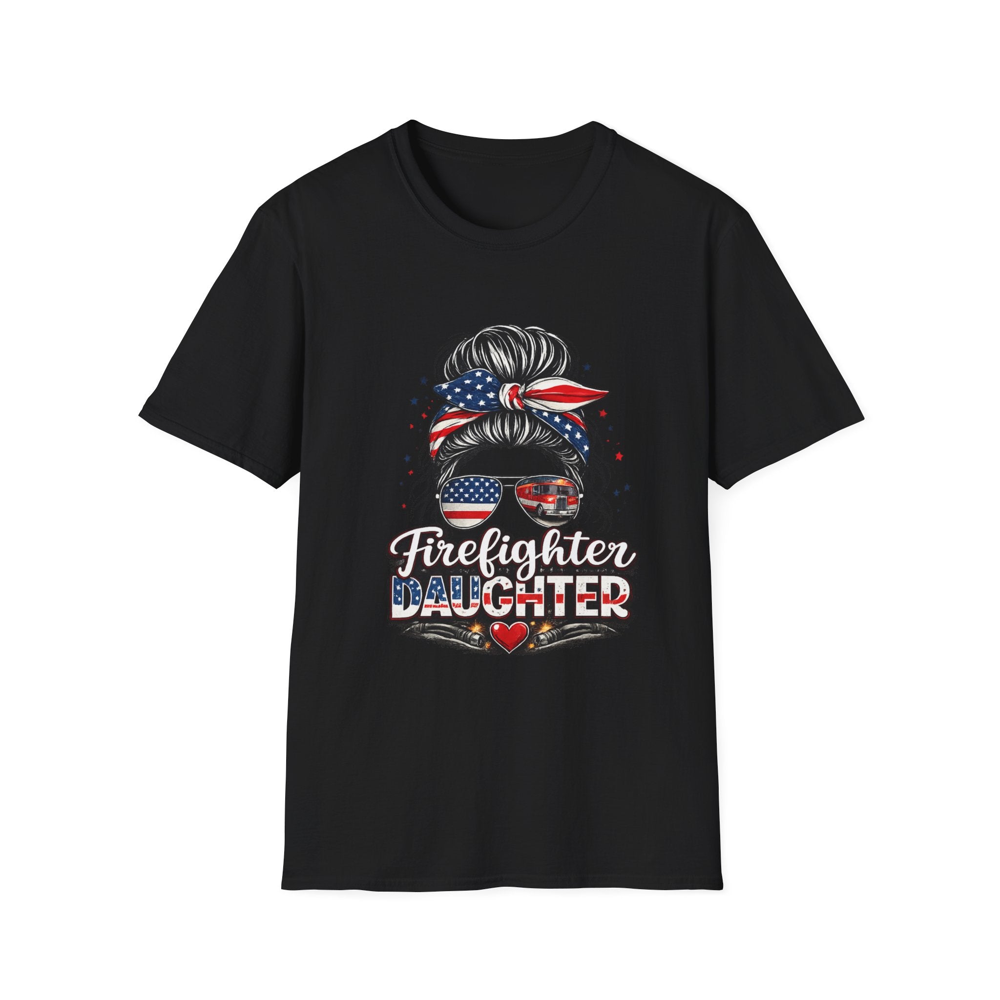Firefighter Daughter T-Shirt — Patriotic Messy Bun Sunglasses Design