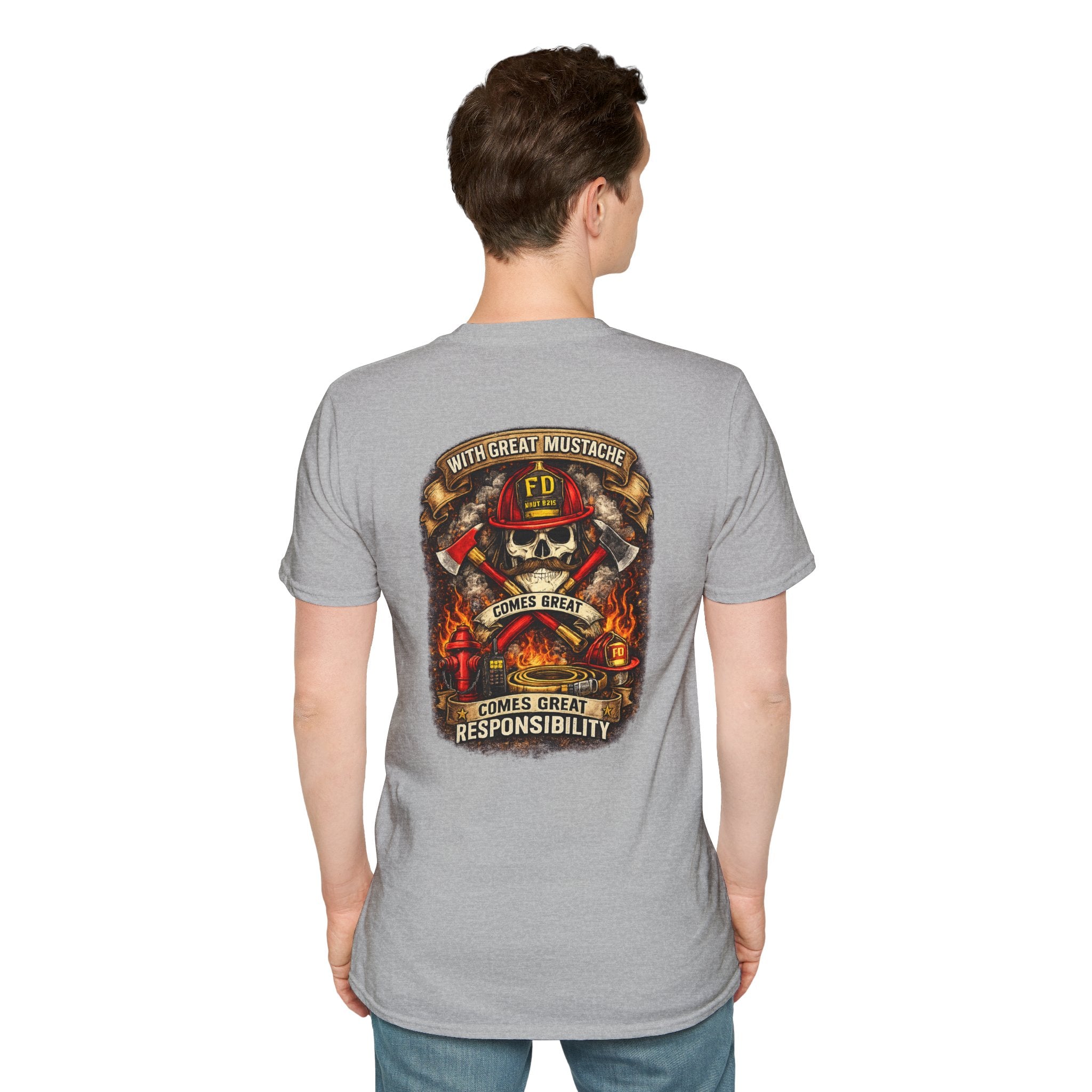 Firefighter Skull T-Shirt — “With Great Mustache Comes Great Responsibility” Graphic Tee