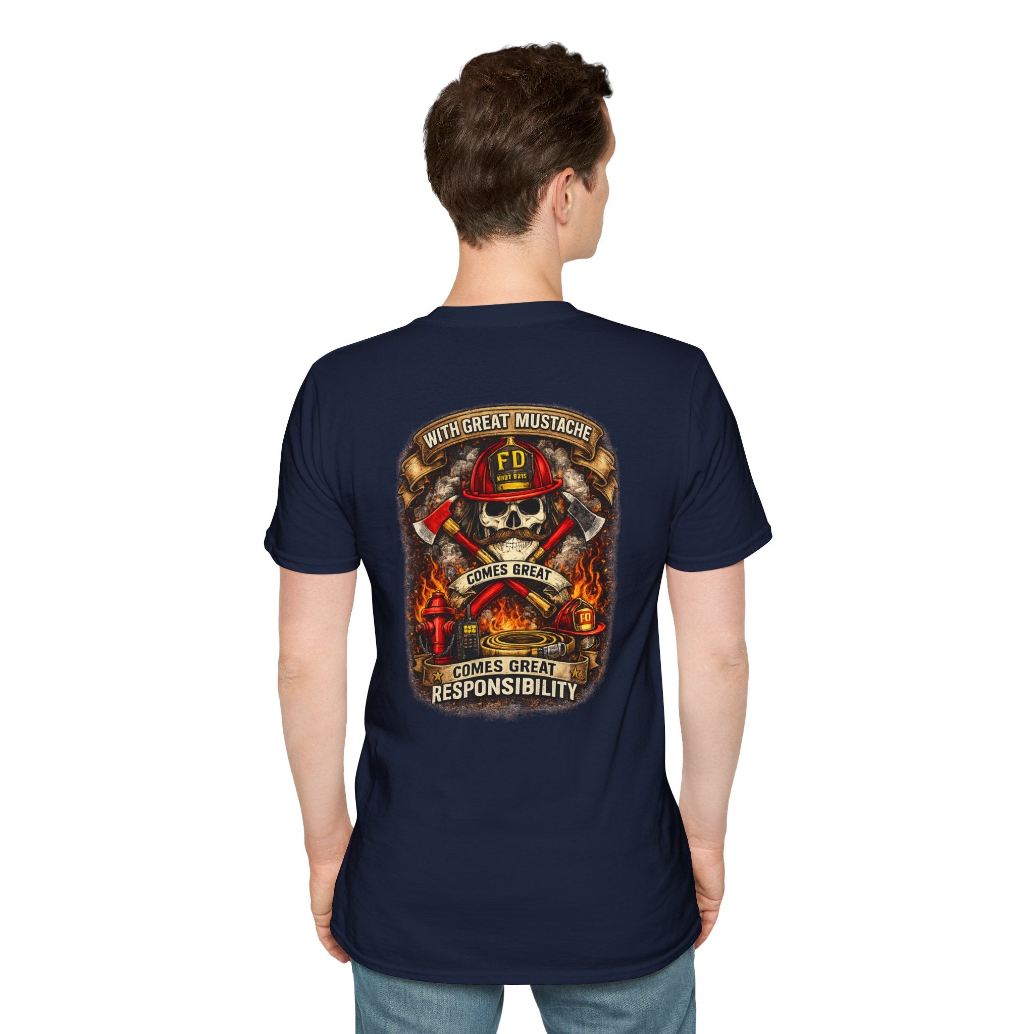 Firefighter Skull T-Shirt — “With Great Mustache Comes Great Responsibility” Graphic Tee