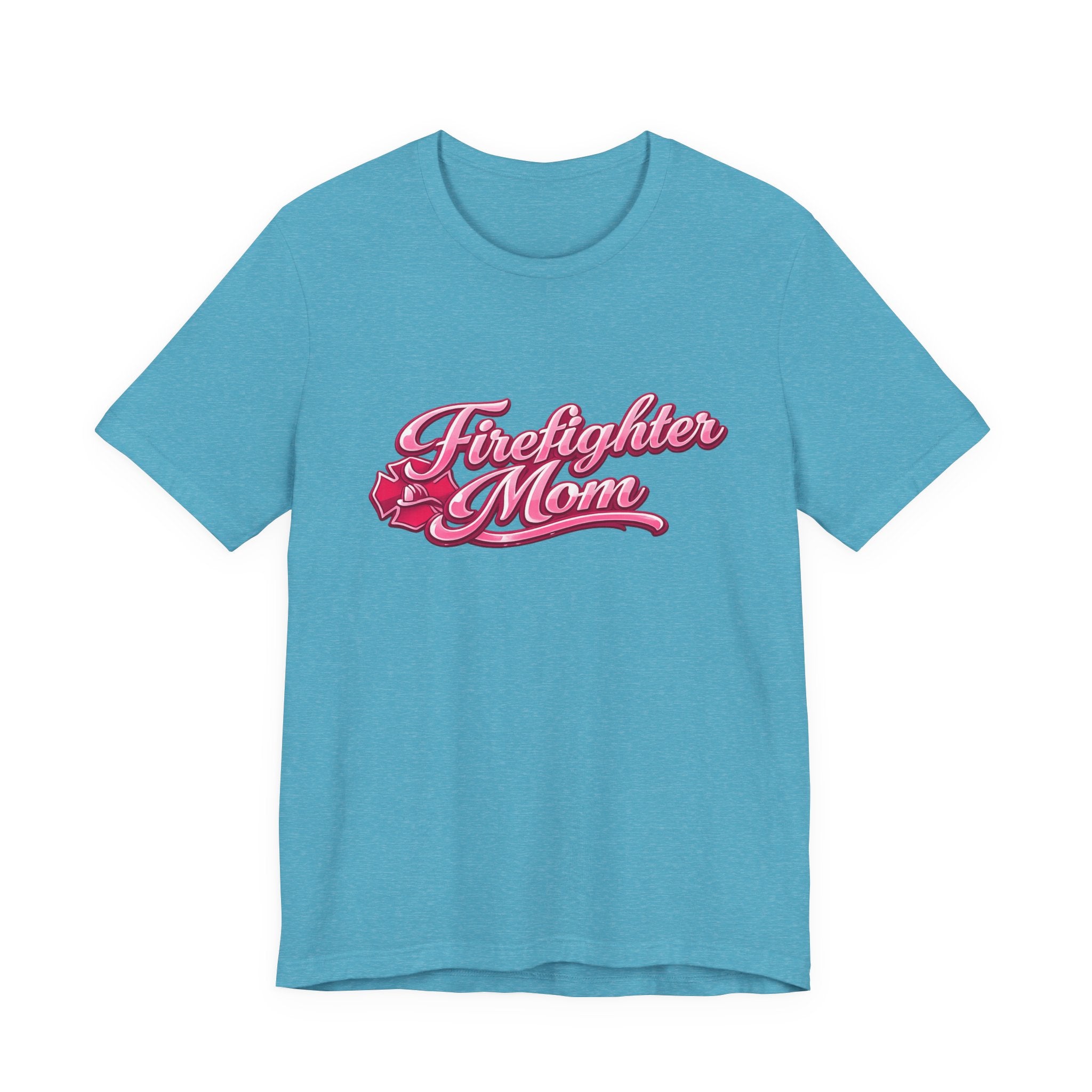 Firefighter Mom T-Shirt — Pink Script Rescue Emblem Tee