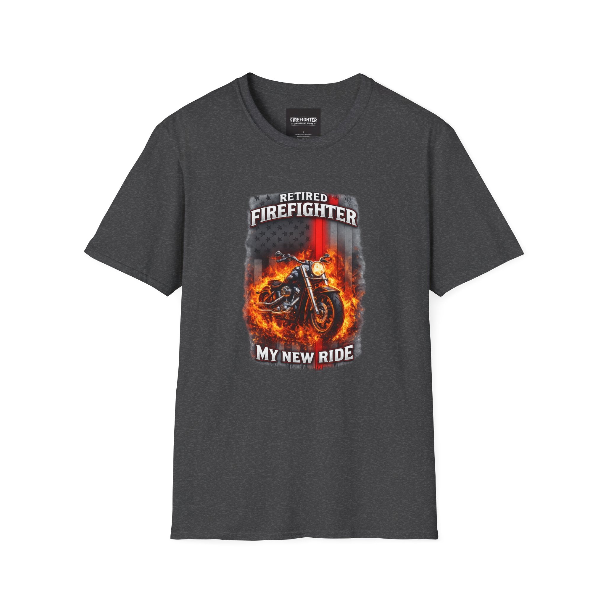 Retired Firefighter Motorcycle T-Shirt — “My New Ride” Biker Tee" Graphic on Front
