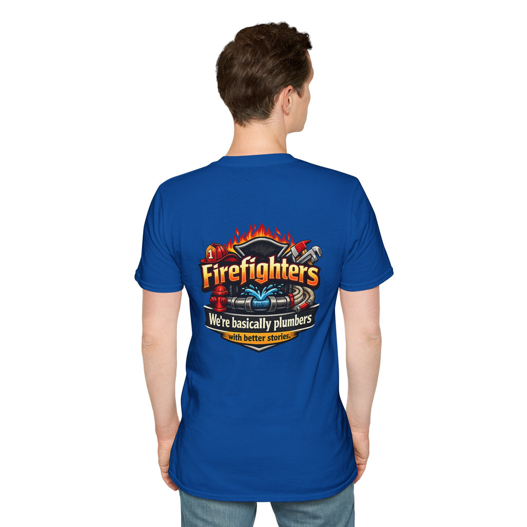 Firefighters Graphic T-Shirt — "We're Basically Plumbers" Firefighter Gift