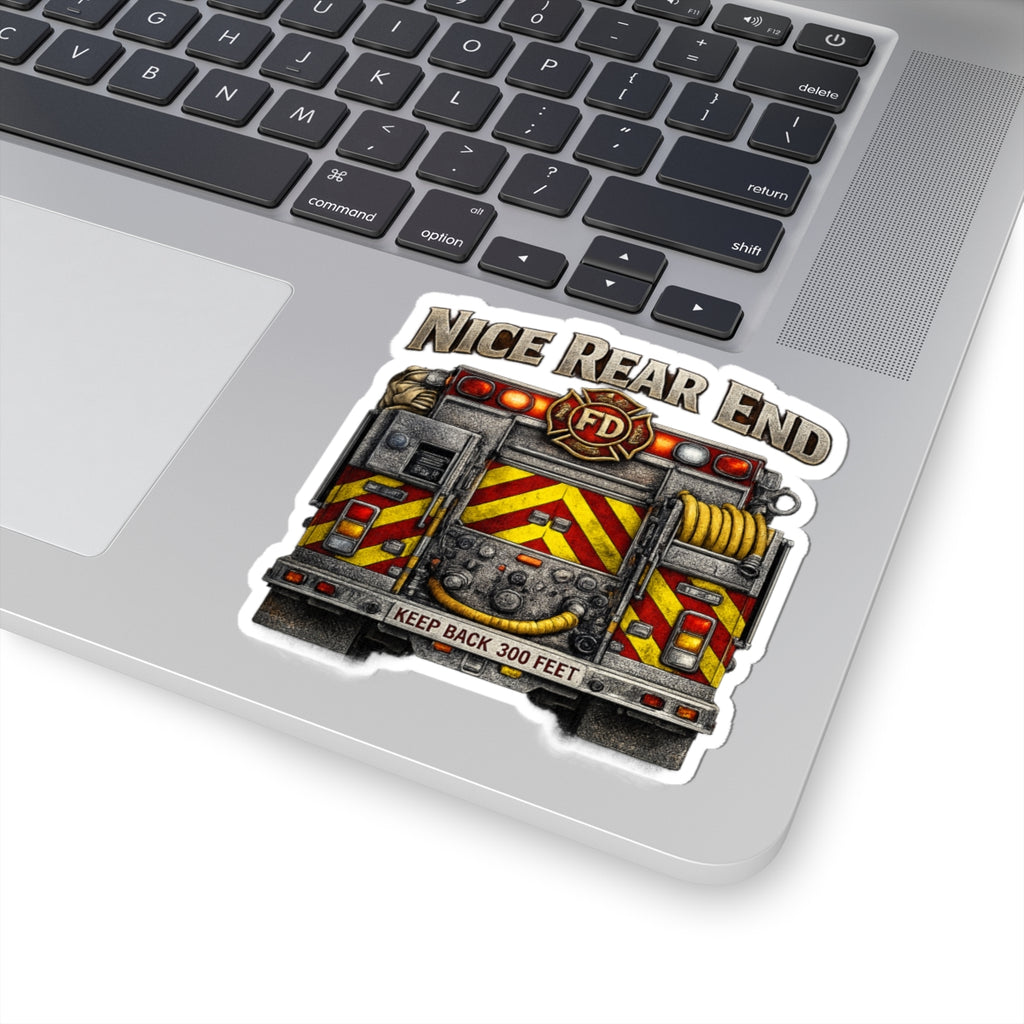 Firetruck Sticker — "Nice Rear End" Funny Firefighter Kiss-Cut Sticker