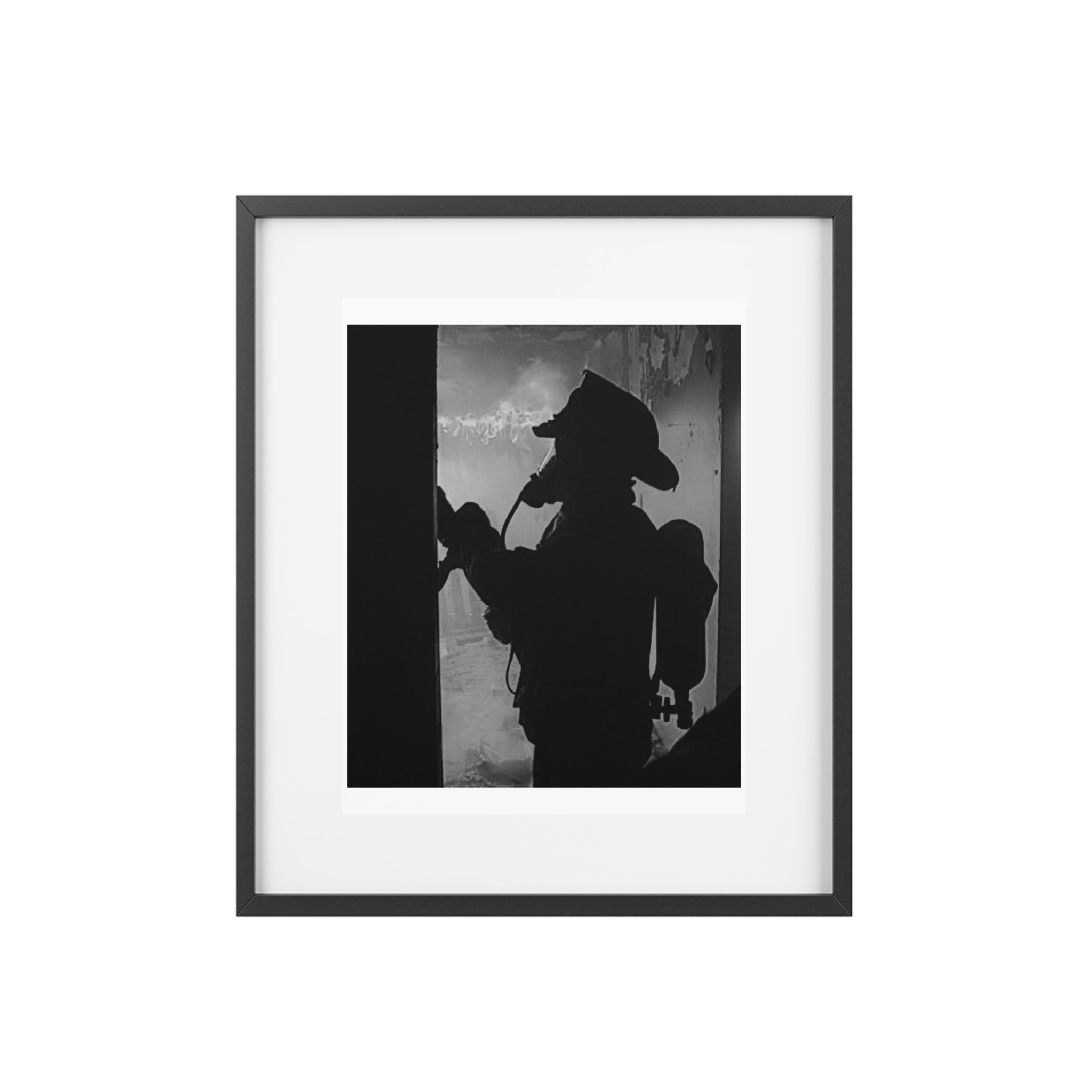 Black & White Firefighter Silhouette Framed Poster — Matte Wall Art