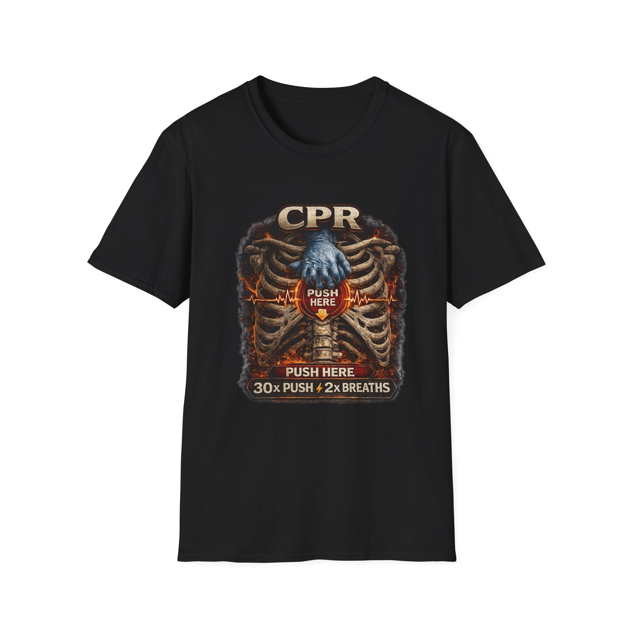 CPR Instruction T-Shirt — Ribcage Graphic with "Push Here: 30x Push + 2x Breaths"