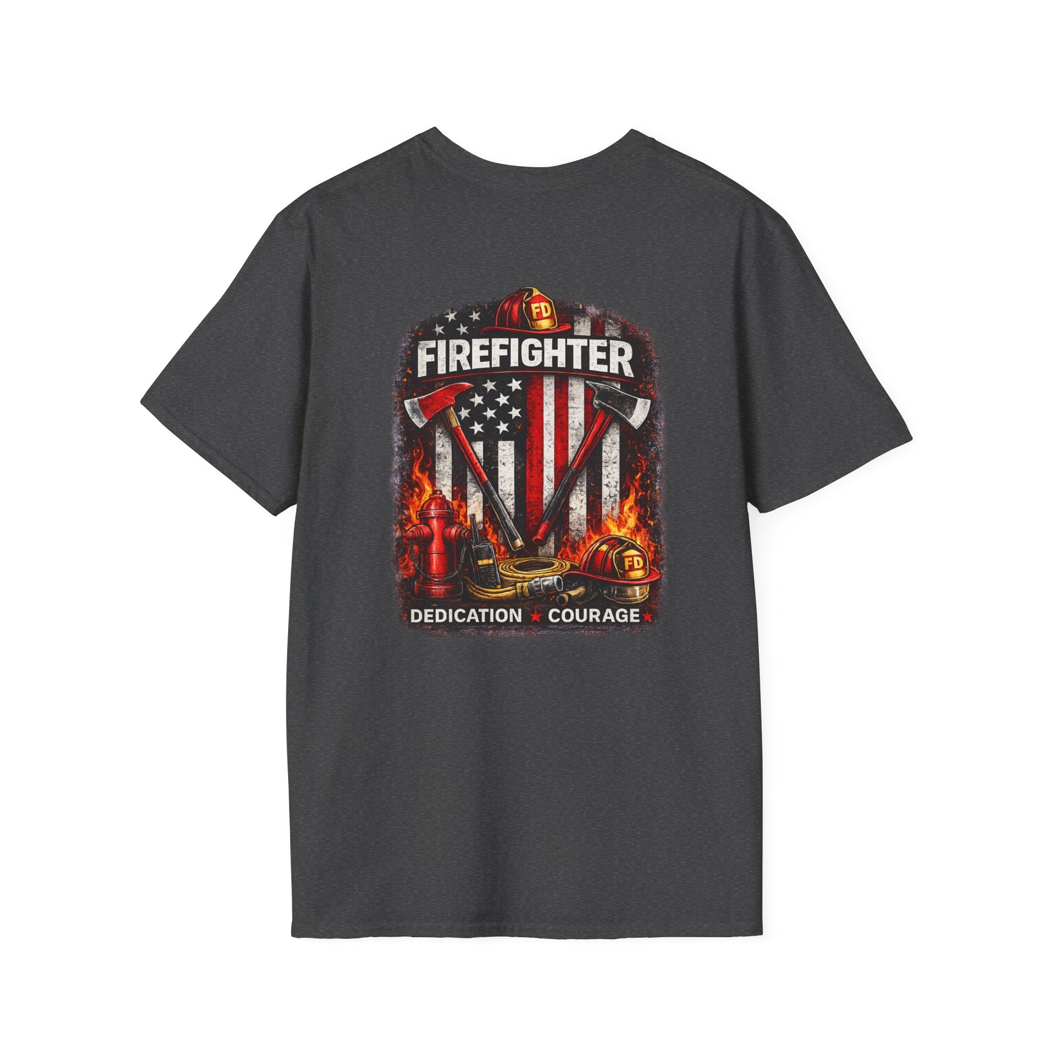 Firefighter T-Shirt — American Flag Helmet Design with "Dedication • Courage"